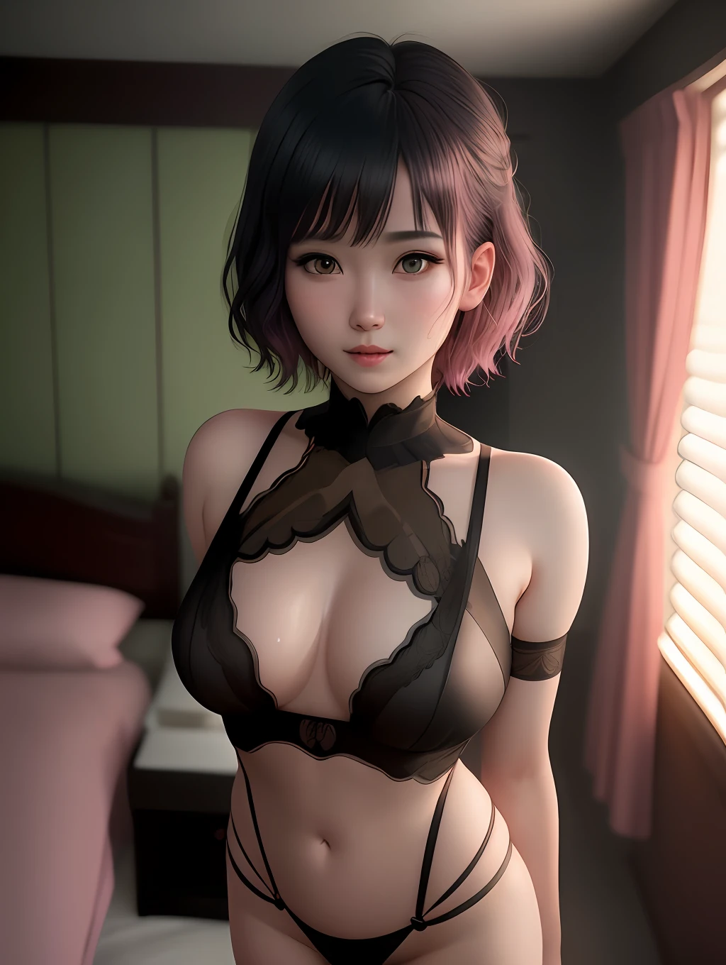 Sakura ultra-realistic version, sweaty skin, wearing only a short transparent black dress and black lace panties, big breasts, short pink hair, standing, light green eyes, white skin, bedroom with bed and likes, camera Sony R7 lens f1.6, extremely detailed, fine details, rich colors, human skin texture, realistic hyper realistic, dramatic lighting, cinestill 800 tungsten, looking at viewer, photorealistic, TanvirTamim, high quality, high resolution, sharp focus, extremely detailed , cinematic lighting, 8k uhd