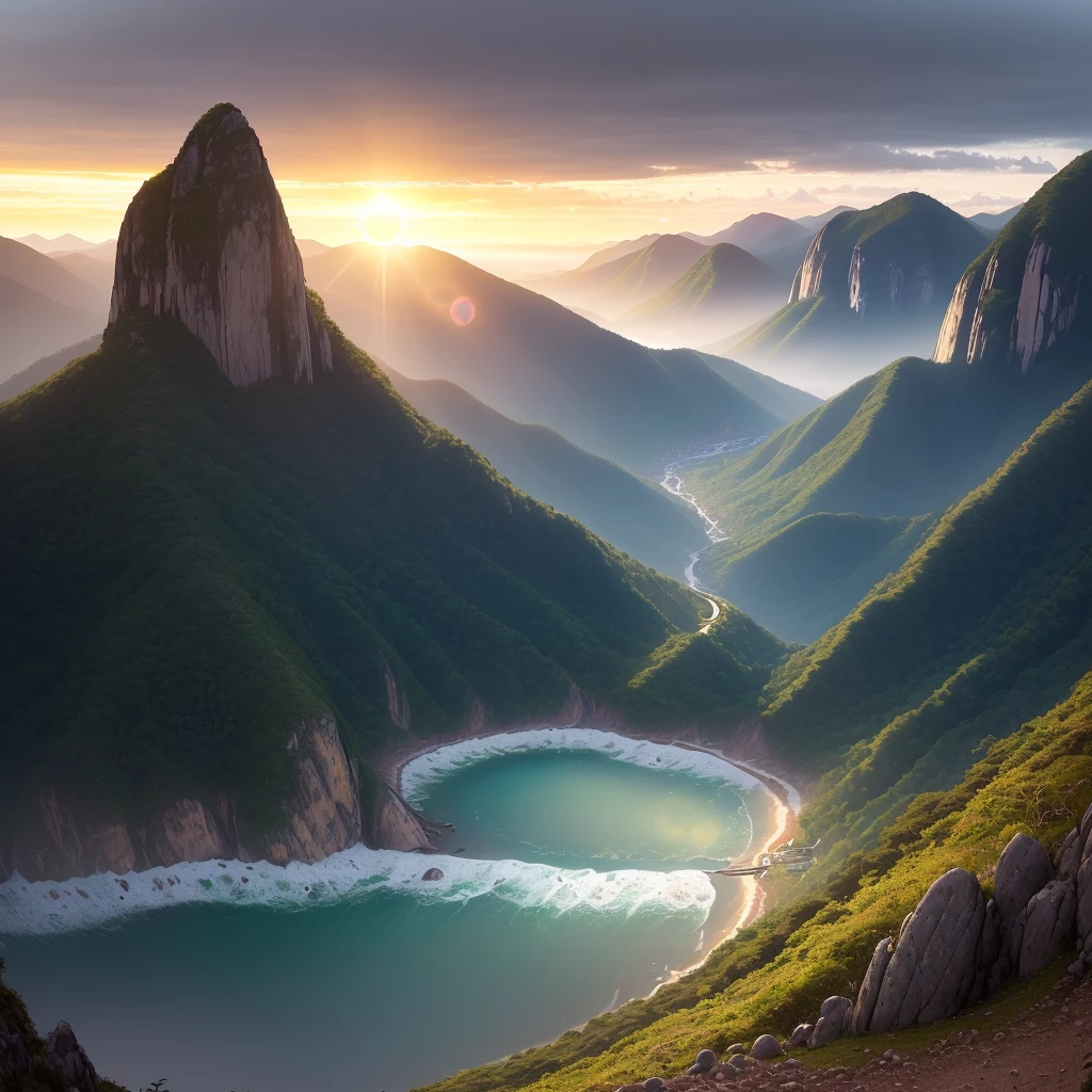 ((as a masterpiece)), the best quality, natural lighting, an ultra-detailed and beautiful photo of a kombi descending the mountains towards the Brazilian coast. On the horizon there is a beautiful sunrise, with a beautiful contrast of colors between the clouds and the sky. The sun shines on the van's bodywork.
