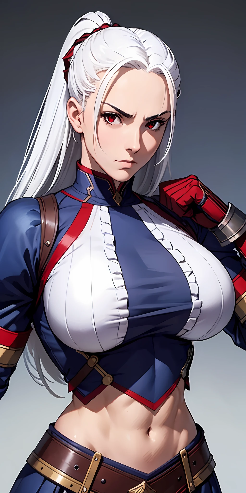 A determined and ambitious warrior, pretty face, serious face, white hair, red eyes, perfect body, fit body, abdomen, big breasts, wearing Victorian-era armor, muscular, who fights to become the strongest