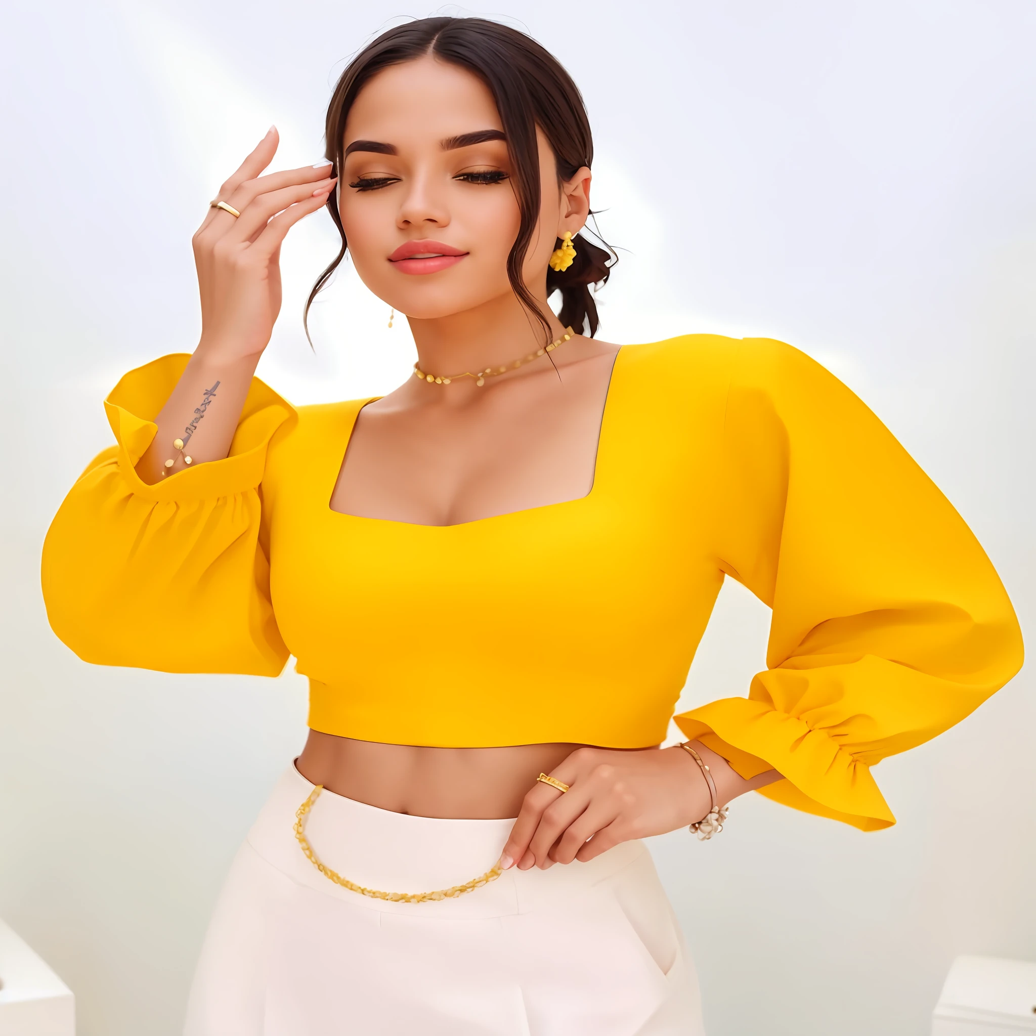 a woman in a yellow top and white skirt posing for a photo, wearing yellow crop top, wearing sexy crop top, crop top, puff sleeves, crop top, crop top, yellow clothing, crop top, wide sleeve crop top, yellow, wearing crop top , baggy blouses, yellow, bright yellow, chic top, vibrant aesthetic, realistic