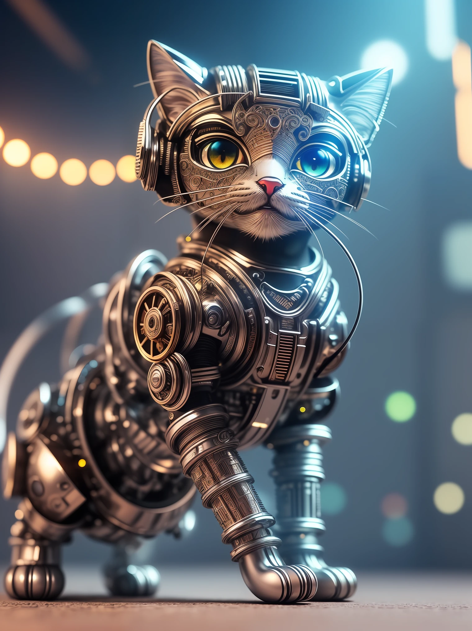 a cute kitten made out of metal, (cyborg:1.1), ([tail | detailed wire]:1.3), (intricate details), hdr, (intricate details, hyperdetailed:1.2), cinematic shot, vignette, centered