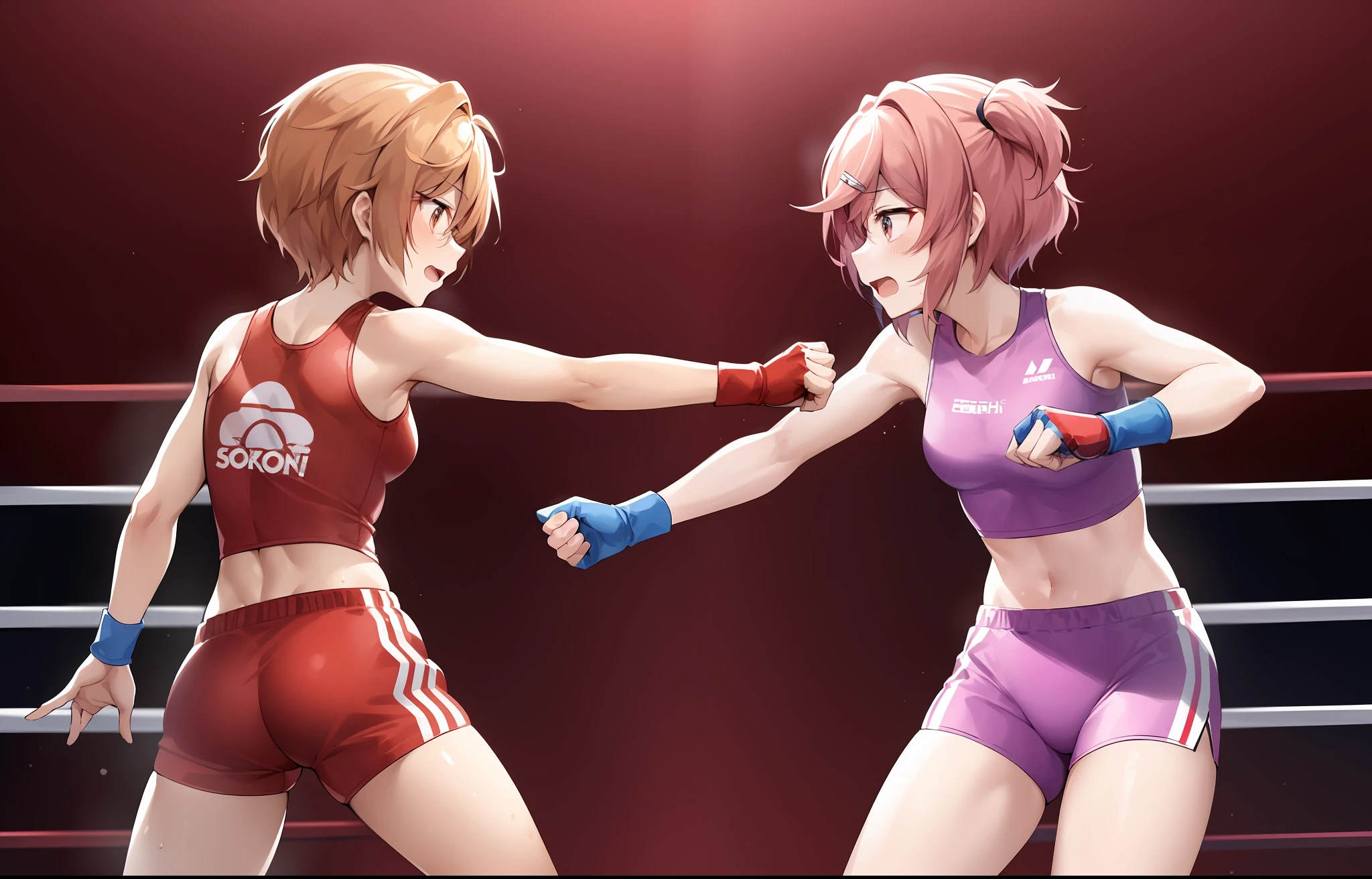 Sayori and Natsuki, from the video game "Doki Doki Literature Club", find themselves in a fighting stance inside a boxing ring. Both wear tight-fitting boxer outfits that are of different colors. Sayori wears a light pink outfit, while Natsuki wears a purple one. The suits have a classic boxing design with shorts and sleeveless jackets. Their boxing gloves are of different colors, bright red for Sayori's and dark blue for Natsuki's, and they are ready for combat. Both girls have aggressive stances, feet apart and knees slightly bent, ready to throw a punch. The environment that surrounds them is typical of a boxing ring, with the ropes delimiting the space and the spectators in the stands. Despite the fighting situation, Sayori maintains a focused and determined expression, while Natsuki seems to be a bit more nervous and tense. Both are ready to face their opponent and give their best in combat.