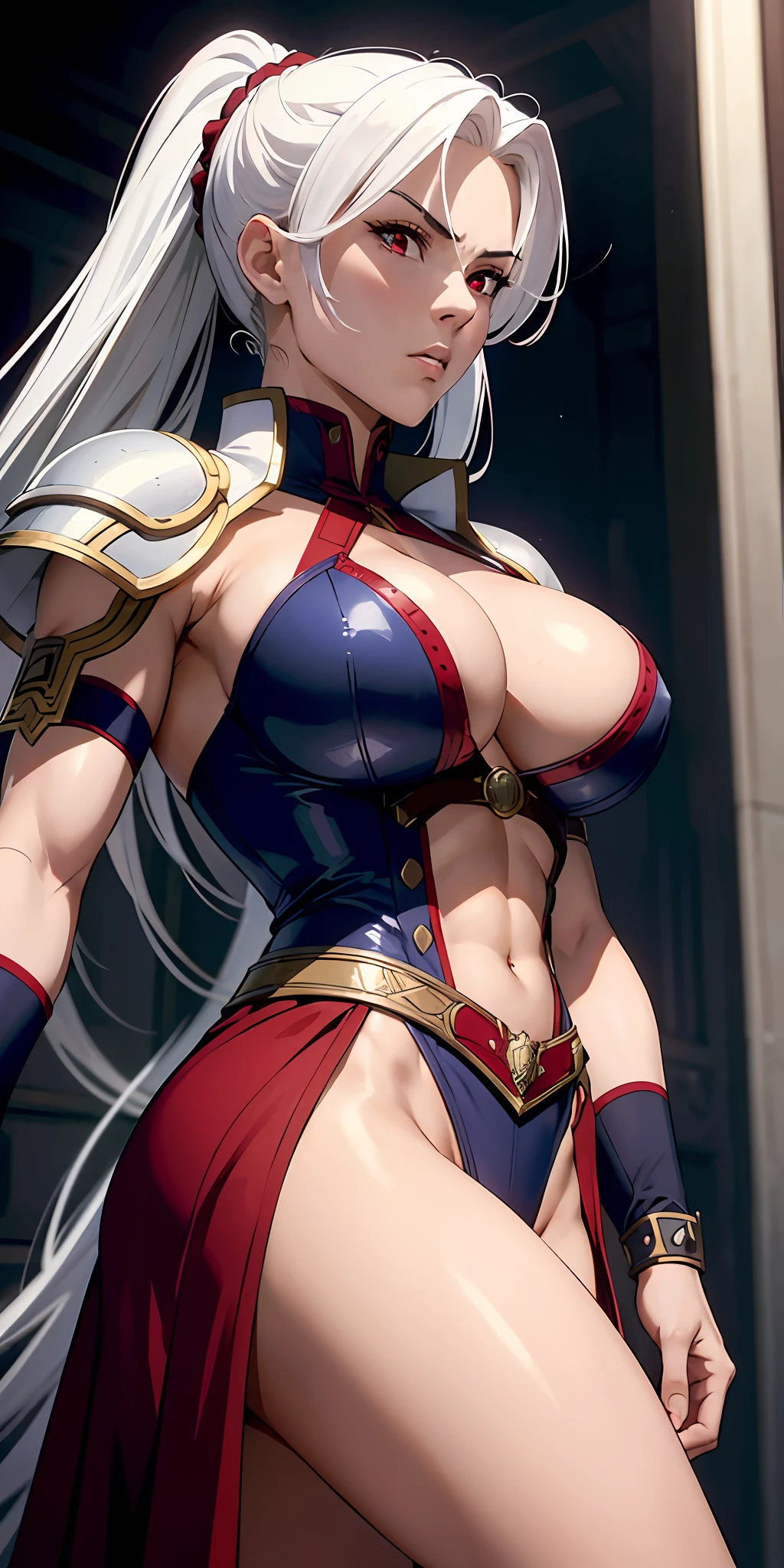 A determined and ambitious warrior, pretty face, serious face, white hair, red eyes, perfect body, fit body, abdomen, big breasts, wearing Victorian-era armor, muscular, who fights to become the strongest