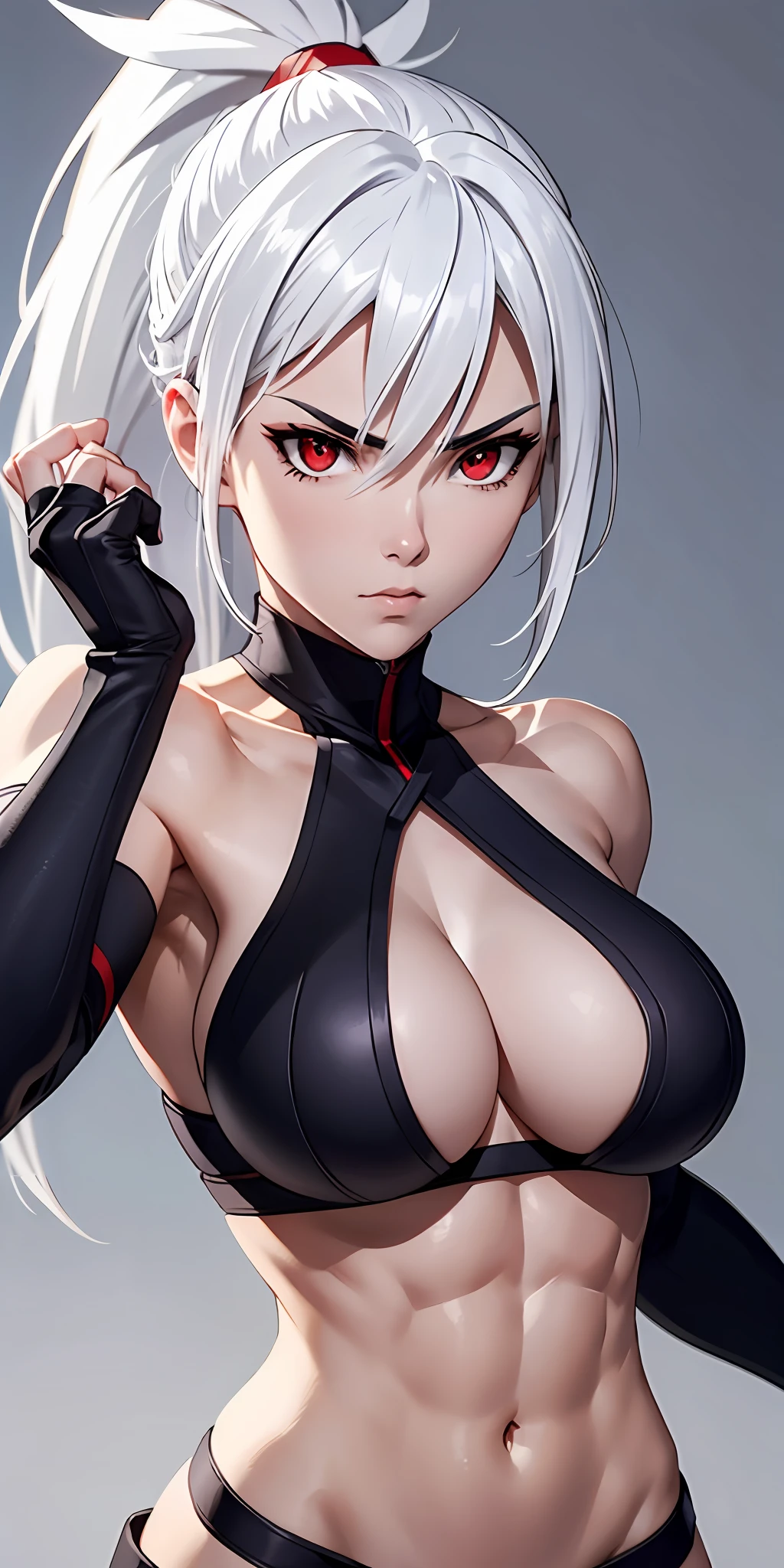 a ninja, pretty face, serious face, white hair, red eyes, perfect body, fit body, abdomen, big breasts, muscular,