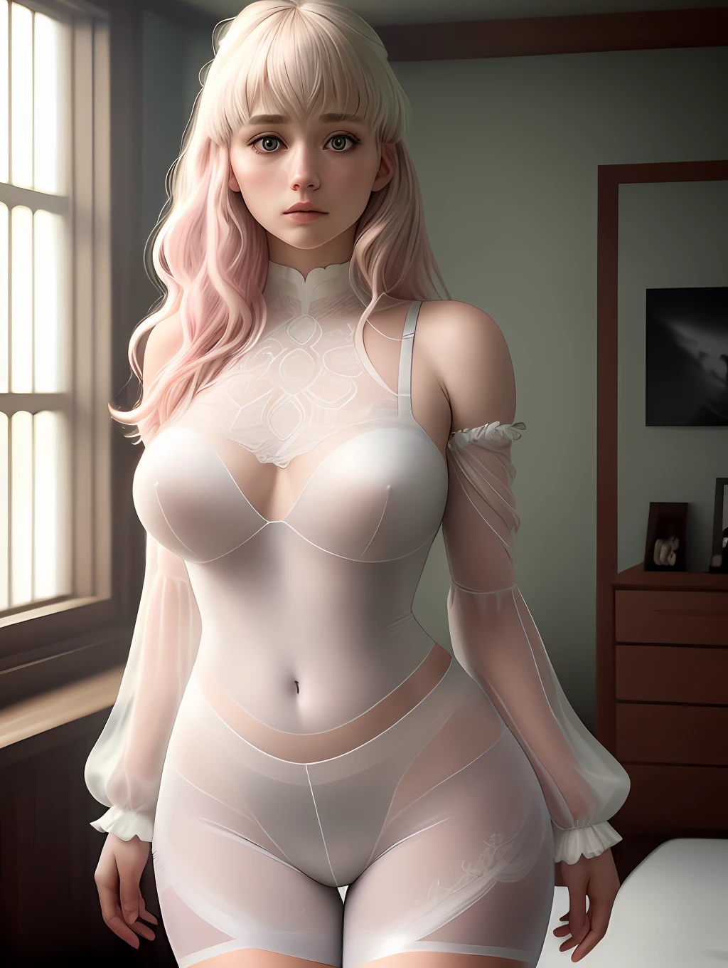 Imogen Poots Hinata ultra realistic version, wearing only a translucent white blouse made of pule fabric, lace leggings to her knees, big breasts, shoulder-length pink hair, standing, light green eyes, white skin, sad look, room with bed and likes, Sony R7 camera f1.6 lens, extremely detailed, fine details, rich colors, human skin texture, realistic hyper realistic, dramatic lighting, cinestill 800 tungsten, looking at viewer, photo realistic, TanvirTamim, high quality, high resolution, sharp focus, extremely detailed, cinematic lighting, 8k uhd