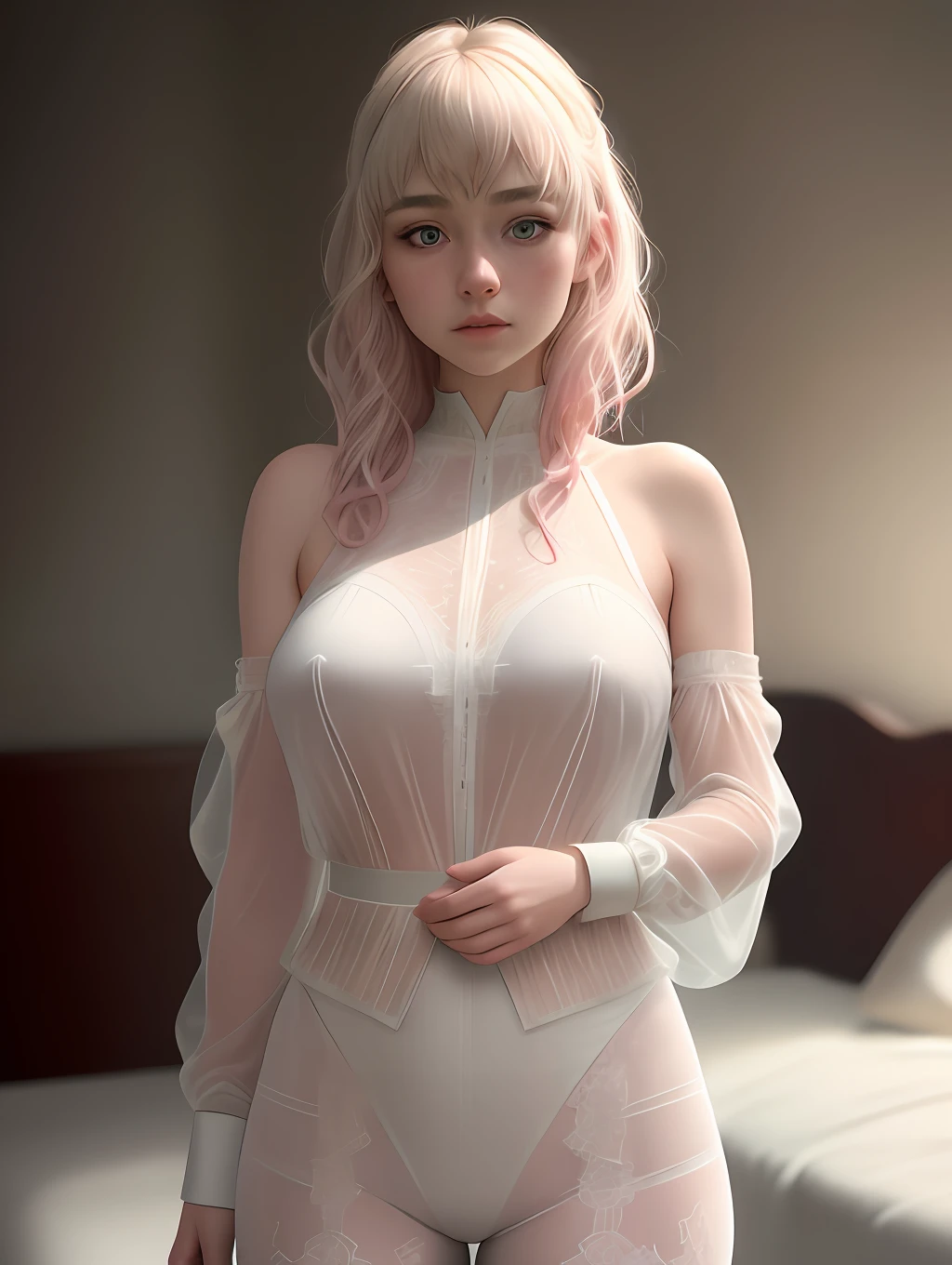 Imogen Poots Hinata ultra realistic version, wearing only a translucent white blouse made of pule fabric, lace leggings to her knees, big breasts, shoulder-length pink hair, standing, light green eyes, white skin, sad look, room with bed and likes, Sony R7 camera f1.6 lens, extremely detailed, fine details, rich colors, human skin texture, realistic hyper realistic, dramatic lighting, cinestill 800 tungsten, looking at viewer, photo realistic, TanvirTamim, high quality, high resolution, sharp focus, extremely detailed, cinematic lighting, 8k uhd