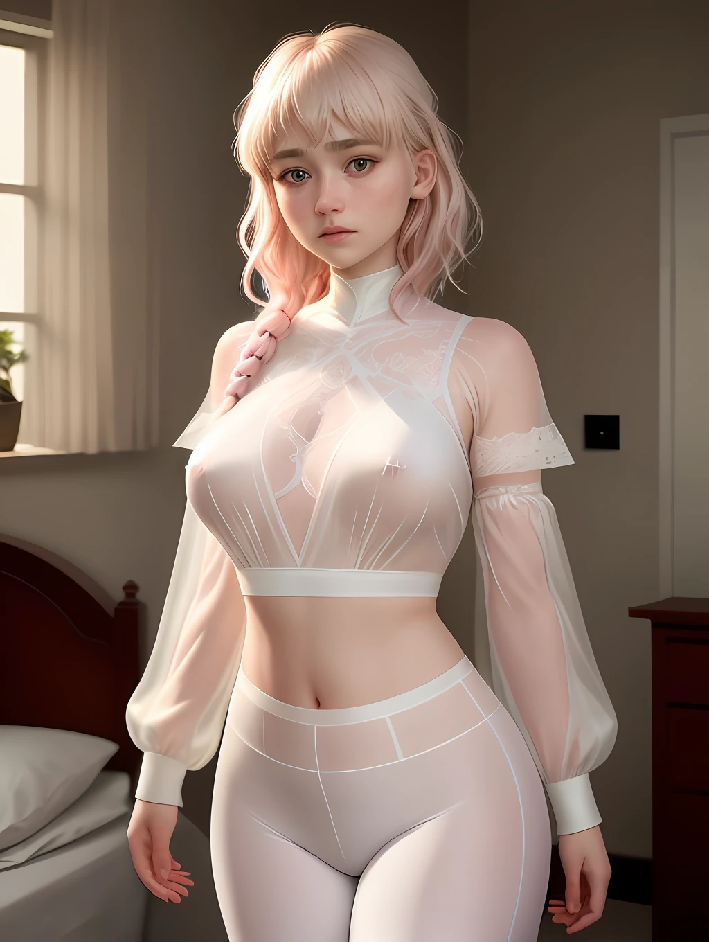 Imogen Poots Hinata ultra realistic version, wearing only a translucent white blouse made of pule fabric, lace leggings to her knees, big breasts, shoulder-length pink hair, standing, light green eyes, white skin, sad look, room with bed and likes, Sony R7 camera f1.6 lens, extremely detailed, fine details, rich colors, human skin texture, realistic hyper realistic, dramatic lighting, cinestill 800 tungsten, looking at viewer, photo realistic, TanvirTamim, high quality, high resolution, sharp focus, extremely detailed, cinematic lighting, 8k uhd