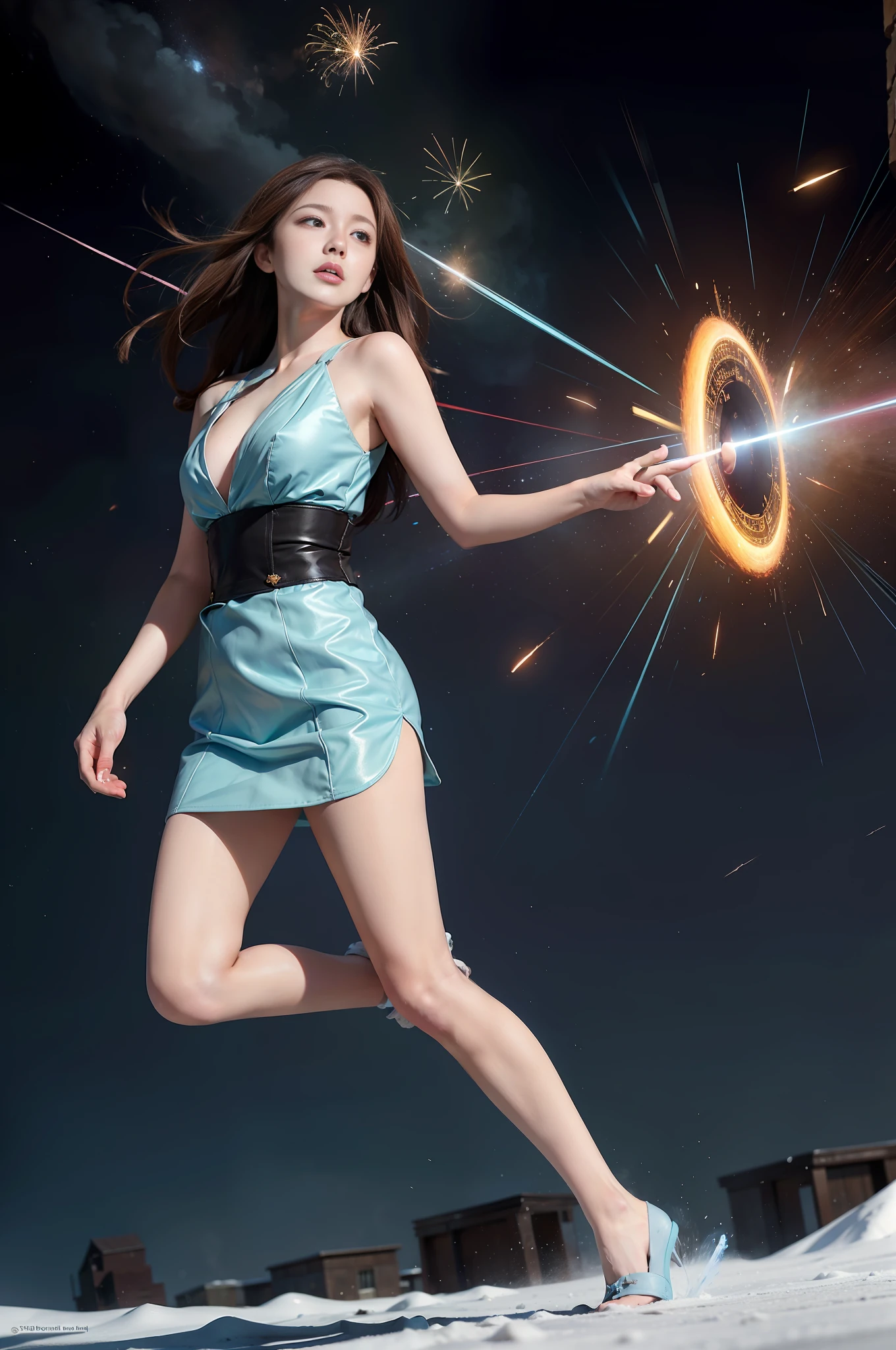 1girl, solo, light blue eyes, brown hair, casts frost magic with the left hand, and fire magic with the right hand, (blood volume: 1), running in the universe, full body, (official set: 1.5), dullyarts, dust background details, eyes Details, ore disease lesion\(Tomorrow's Ark\), (realism: 1.4), official art, unreal 8k wallpaper, ultra-detailed, beautiful and aesthetic, masterpiece, best quality, (dynamic angle: 1.4), (floating colorful sparks :1.2), elegant, bright colors, romanticism, medium chest