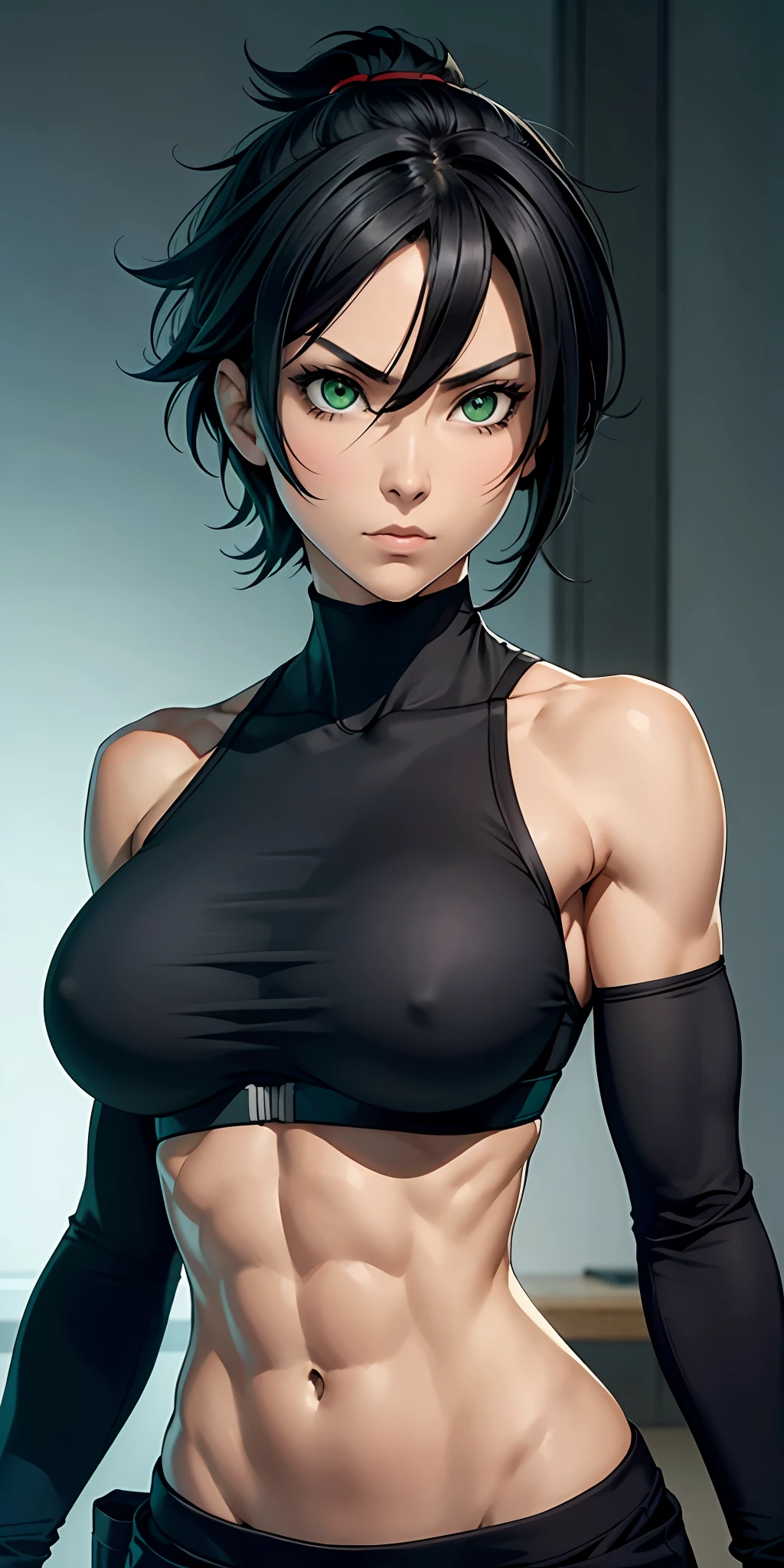 a ninja, pretty face, serious face, short black hair, green eyes, perfect body, fit body, abdomen, big breasts, muscular,