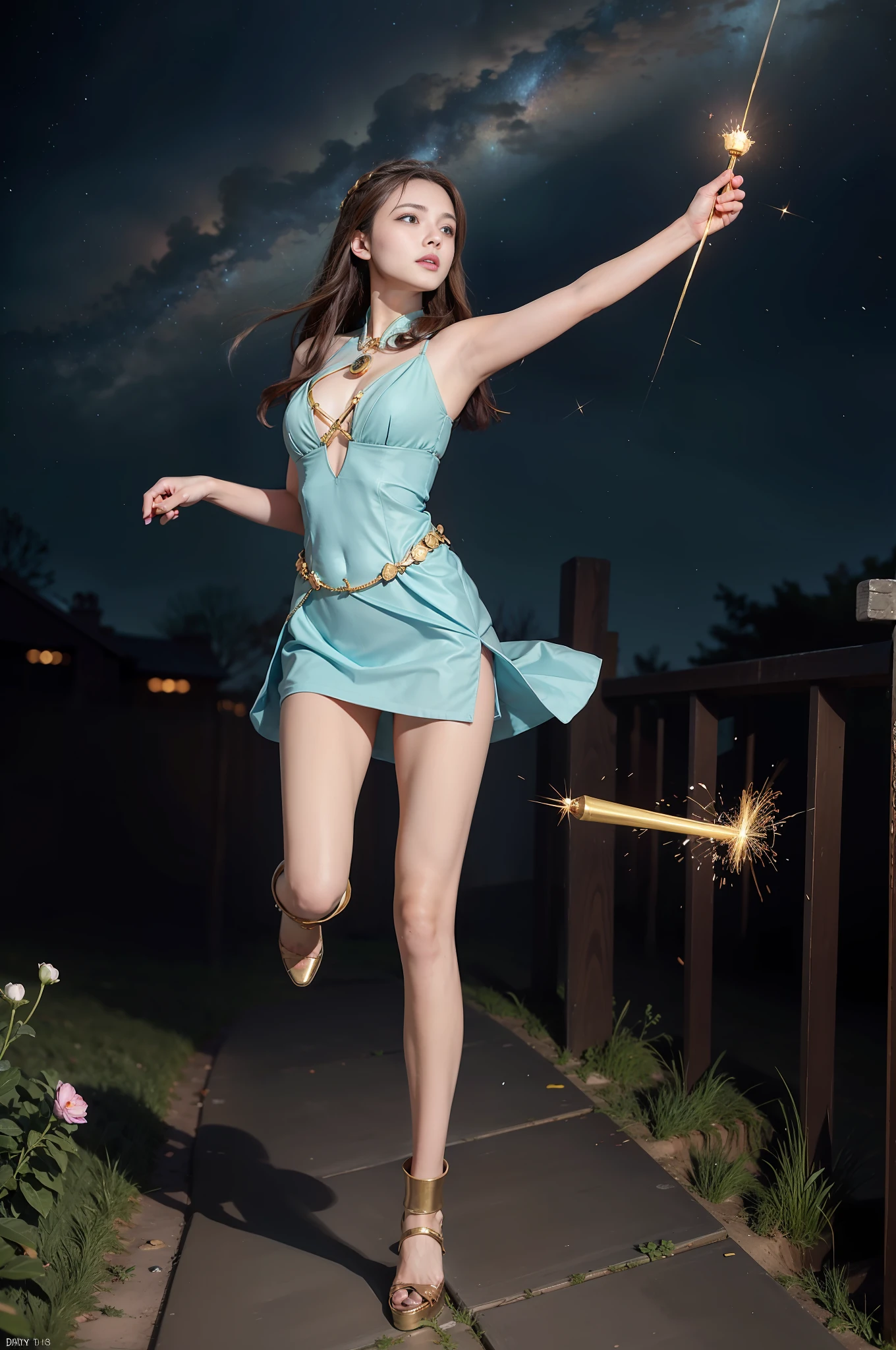 1girl, solo, light blue eyes, brown hair, holding a golden scepter, (HP: 1), running under the starry sky, full body, (official set: 1.5), dullyarts, dust background details, eye details, ore disease lesions \(Tomorrow&#39;s Ark\), (realism: 1.4), official art, unreal 8k wallpaper, super detailed, beautiful and aesthetic, masterpiece, best quality, (dynamic angle: 1.4), (floating colorful sparks: 1.2), elegant , bright colors, romanticism, medium breasts