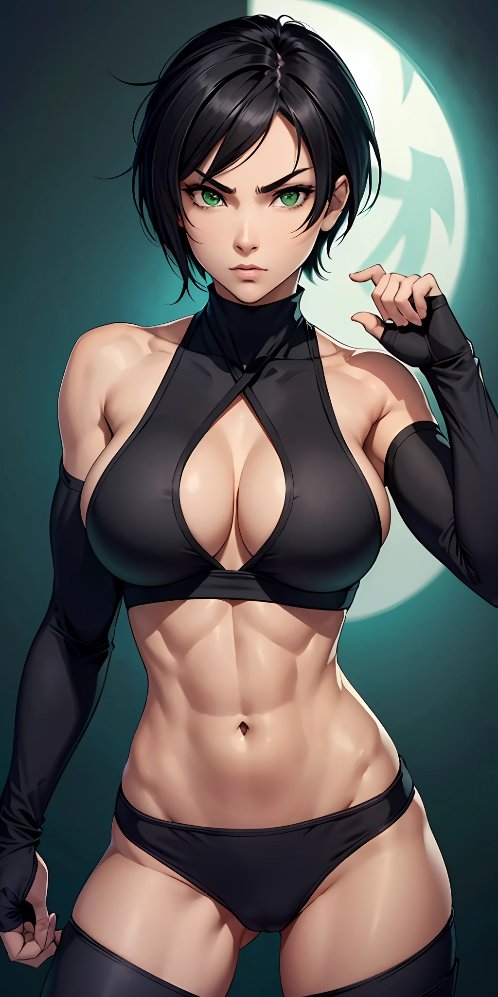 a ninja, pretty face, serious face, short black hair, green eyes, perfect body, fit body, abdomen, big breasts, muscular, wearing a ninja outfit