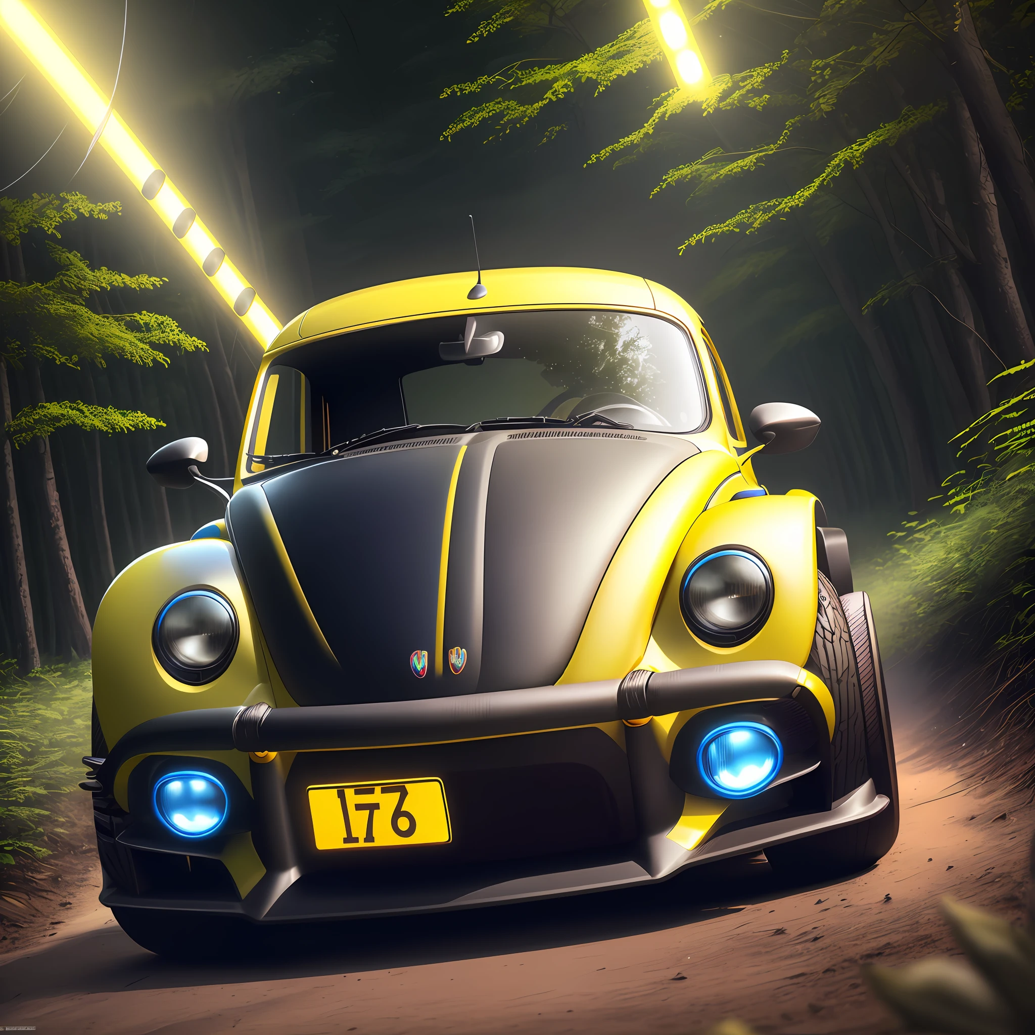 Beetle. yellow, hyper detailed, in the middle of the woods, at night, headlights on and bright, blue and pink neon details, hyper realistic, hd in 8k
