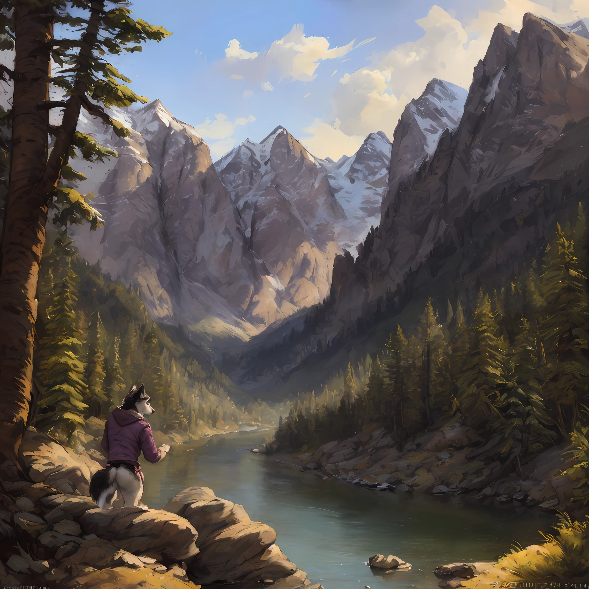 Masterpiece detailed portrait of a (((feminine))) male anthro husky, purple panties, underwear bulge, outdoors, mountains, river in distance, forest, jacket open, posted to e621, zaush, kenket, dramatic lighting