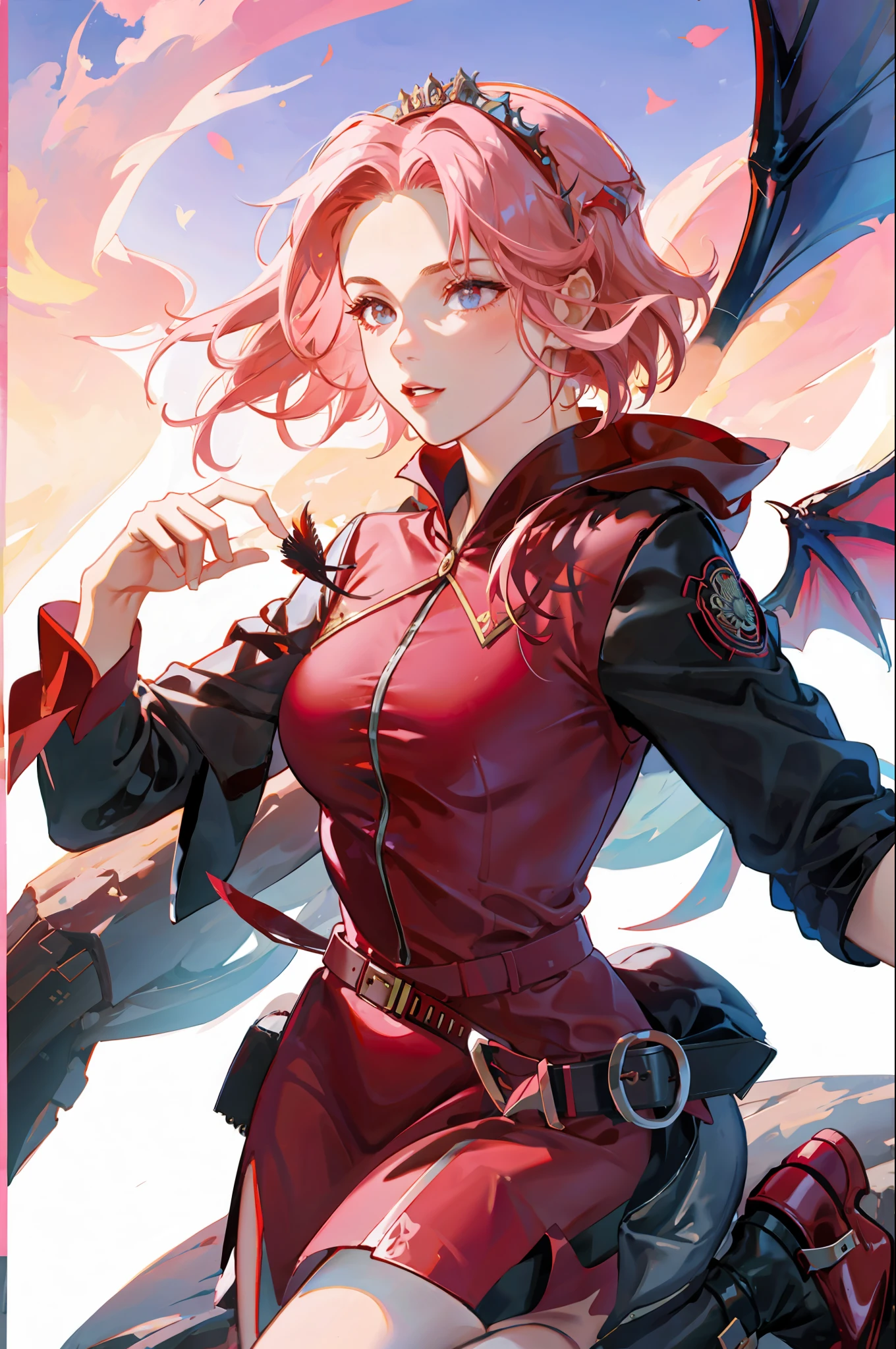queen of dragons, with wings coming out of her back, sexy eyes, red dress, forehead showing, queen, pink hair, delicate, young, short hair, full body, by League of Legends, trending on artstation, by rhads, andreas Rocha , rossdraws, makoto shinkai, laurie greasley, lois van baarle, ilya kuvshinov and greg rutkowski