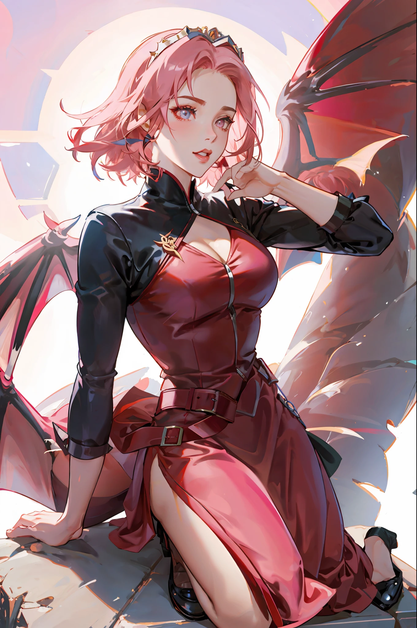 queen of dragons, with wings coming out of her back, sexy eyes, red dress, forehead showing, queen, pink hair, delicate, young, short hair, full body, by League of Legends, trending on artstation, by rhads, andreas Rocha , rossdraws, makoto shinkai, laurie greasley, lois van baarle, ilya kuvshinov and greg rutkowski