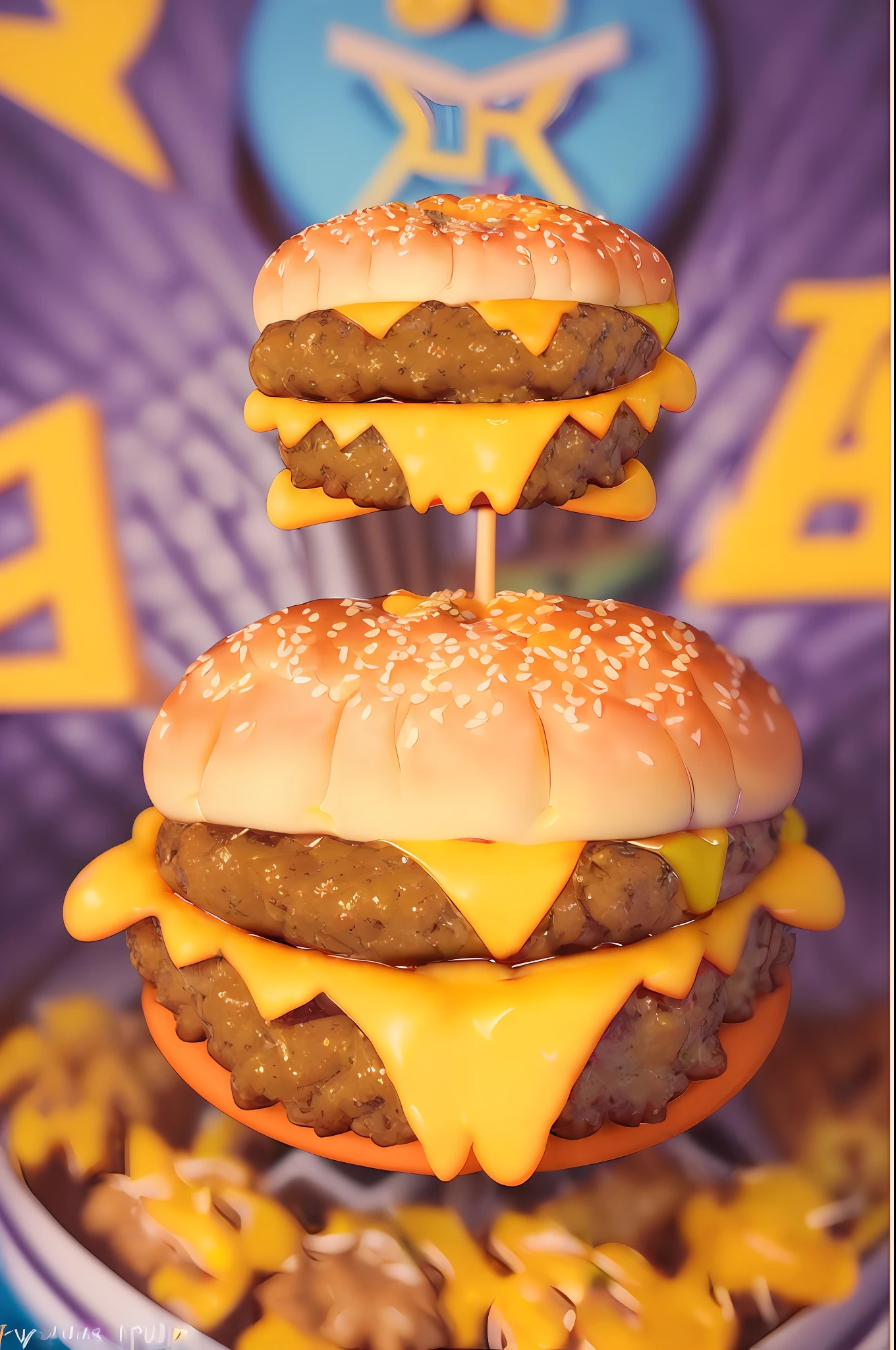 ((best quality)), ((masterpiece)), (detailed), (MOCKUP of juicy fluffy cheeseburger in fun pixar style pose:1.8), foodmade, smash, delicious, Irresistible, golden ratio symmetry, photography centered color studio, vibrant and appetizing colors, mouth-watering details, charming textures, cheerful and inviting atmosphere, against a dark background, comic style, professional color grading, photo studio window lighting, sharp focus, lighting two-tone, advertising, octane, unreal, high resolution pixar style food photography, masterpiece, ultra detailed, highly detailed, high definition, perfect composition, intricate, cute and beautiful, sharp features, pixar style commercial photography , beautiful detailed intricate octane insanderization pixar style artstation trending, award winning photography, sharp details, high resolution, stock photo, all pixar style, (fantasy illustration: 1.3), (high res and sharpness: 1.4)