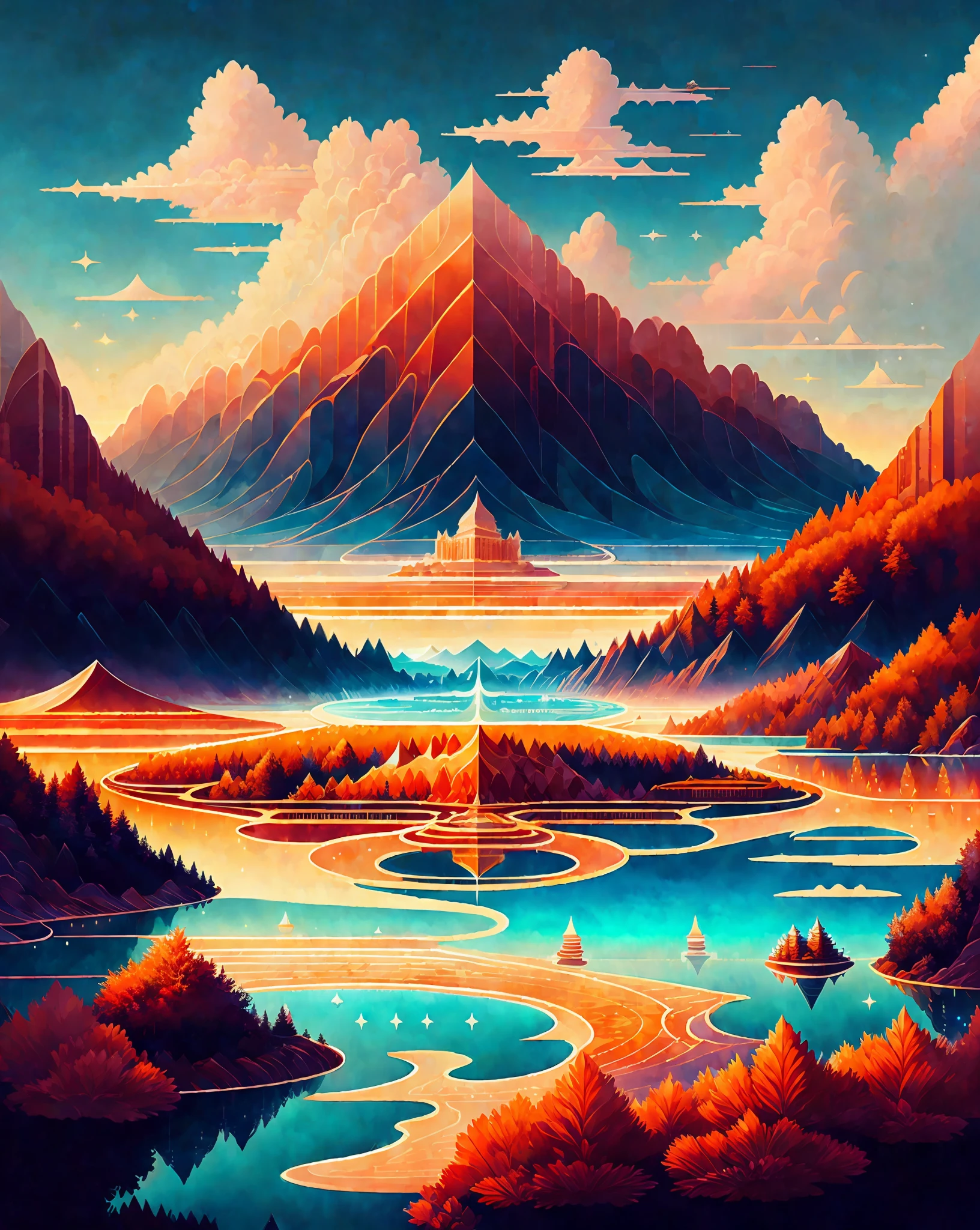 A beautiful land full of water and and clouds, intricate, masterpiece, expert, insanely detailed, 4k, compositing, centered, symmetry, painted, intricate, volumetric lighting, beautiful, rich deep color masterpiece, sharp focus, ultra detailed , in the style of dan mumford and marc simonetti, astrophotography, vector, print