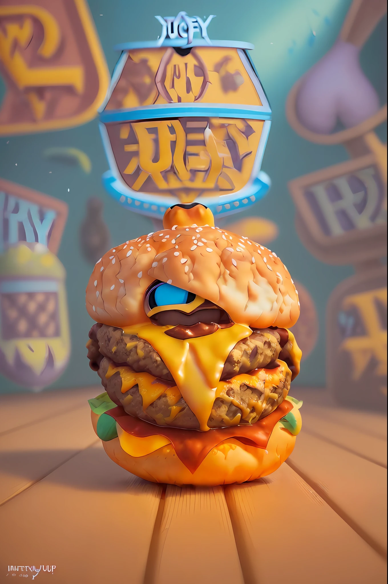 ((best quality)), ((masterpiece)), (detailed), (MOCKUP of juicy fluffy cheeseburger in fun pixar style pose:1.8), foodmade, smash, delicious, Irresistible, golden ratio symmetry, photography centered color studio, vibrant and appetizing colors, mouth-watering details, charming textures, cheerful and inviting atmosphere, against a dark background, comic style, professional color grading, photo studio window lighting, sharp focus, lighting two-tone, advertising, octane, unreal, high resolution pixar style food photography, masterpiece, ultra detailed, highly detailed, high definition, perfect composition, intricate, cute and beautiful, sharp features, pixar style commercial photography , beautiful detailed intricate octane insanderization pixar style artstation trending, award winning photography, sharp details, high resolution, stock photo, all pixar style, (fantasy illustration: 1.3), (high res and sharpness: 1.4)