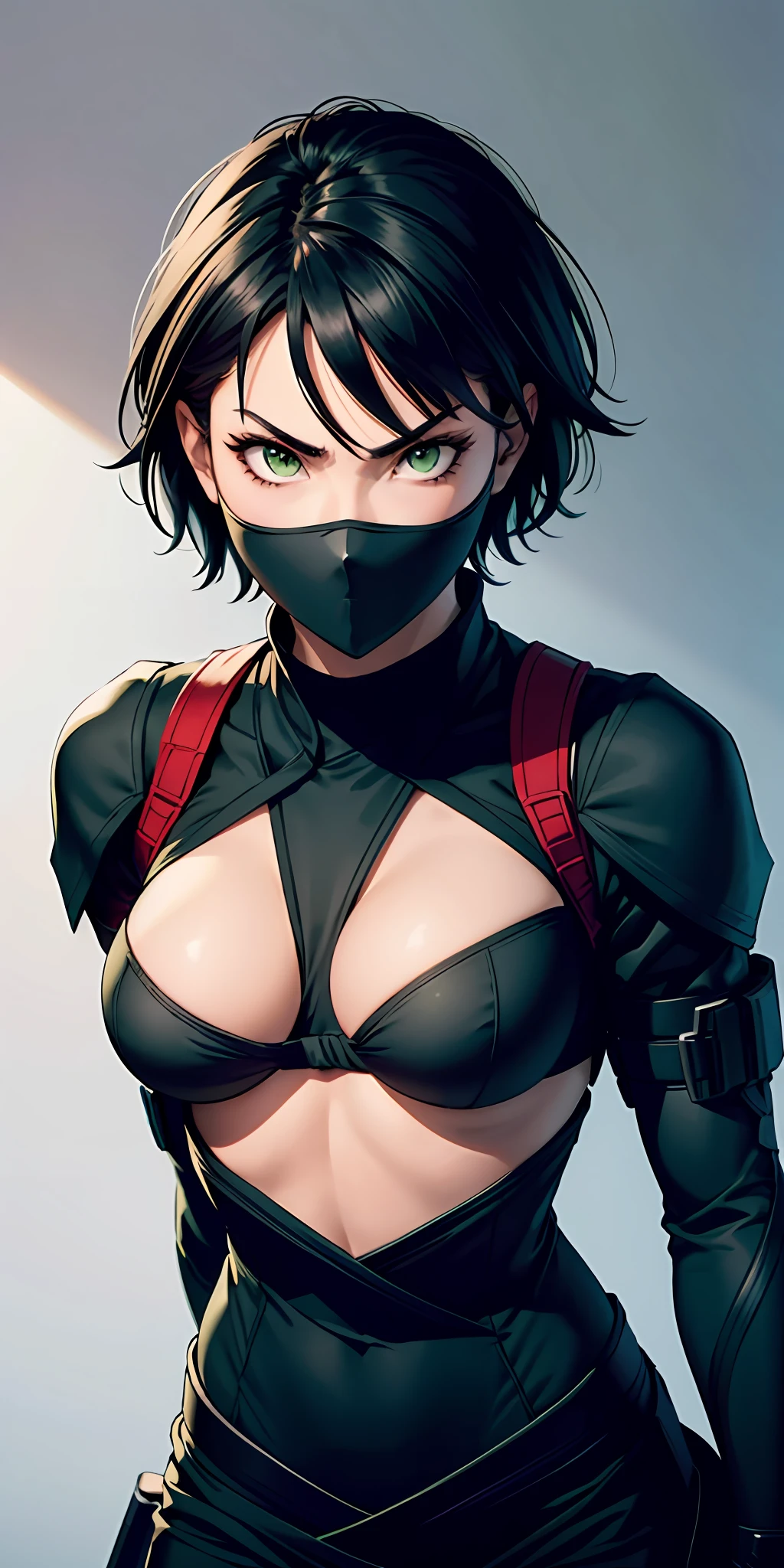 a ninja, pretty face, serious face, short black hair, green eyes,