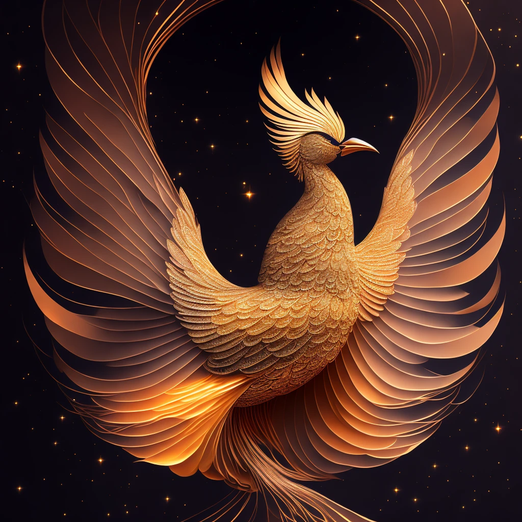intricate, (digital painting:1.2) of golden firebird, concept art, (symmetric), (coherent: 1.3), on a nebula, trending on artstation, iolibt, vfx, Blender and Photoshop, excellent composition, cinematic atmosphere, dynamic dramatic cinematic lighting, aesthetic, very inspirational, arthouse