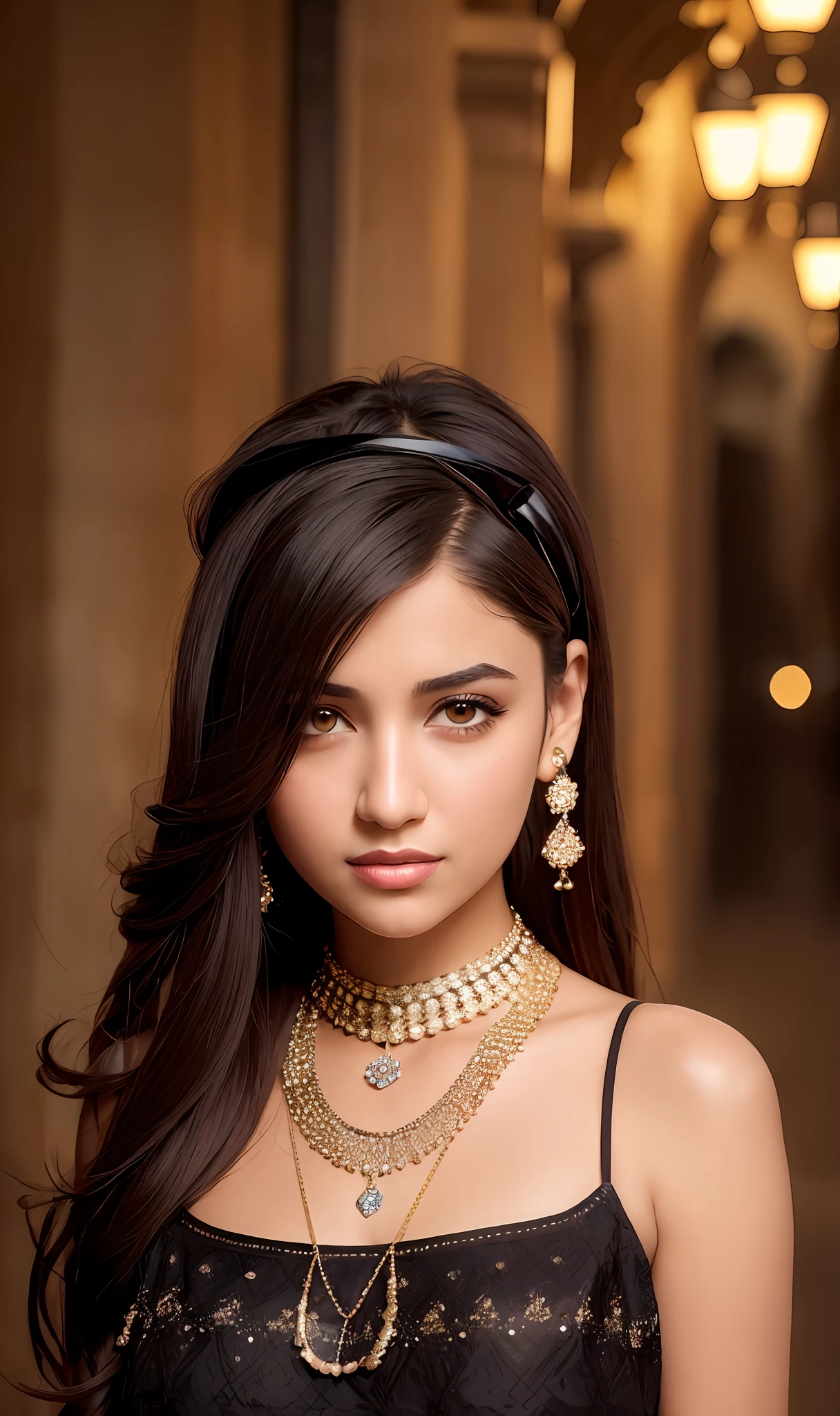 Best quality, masterpiece, ultra high res, (photorealistic:1.4), raw photo, 1girl, Arabian girl, in the dark, deep shadow, low key, cold light, teasing smile, Necklaces, Bracelets, Hair Accessories, Earrings, Headbands, pub, bar, night, Dubai,