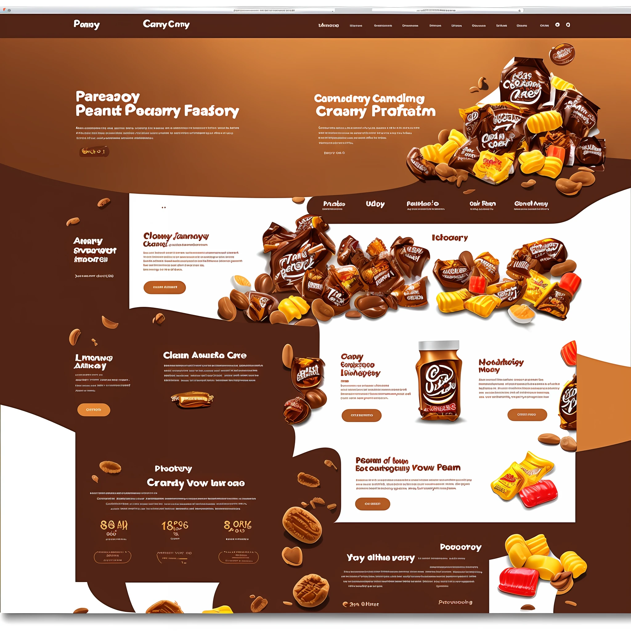 Landing page, ux, ui, candy factory, peanut products, cream and brown colors, clean design