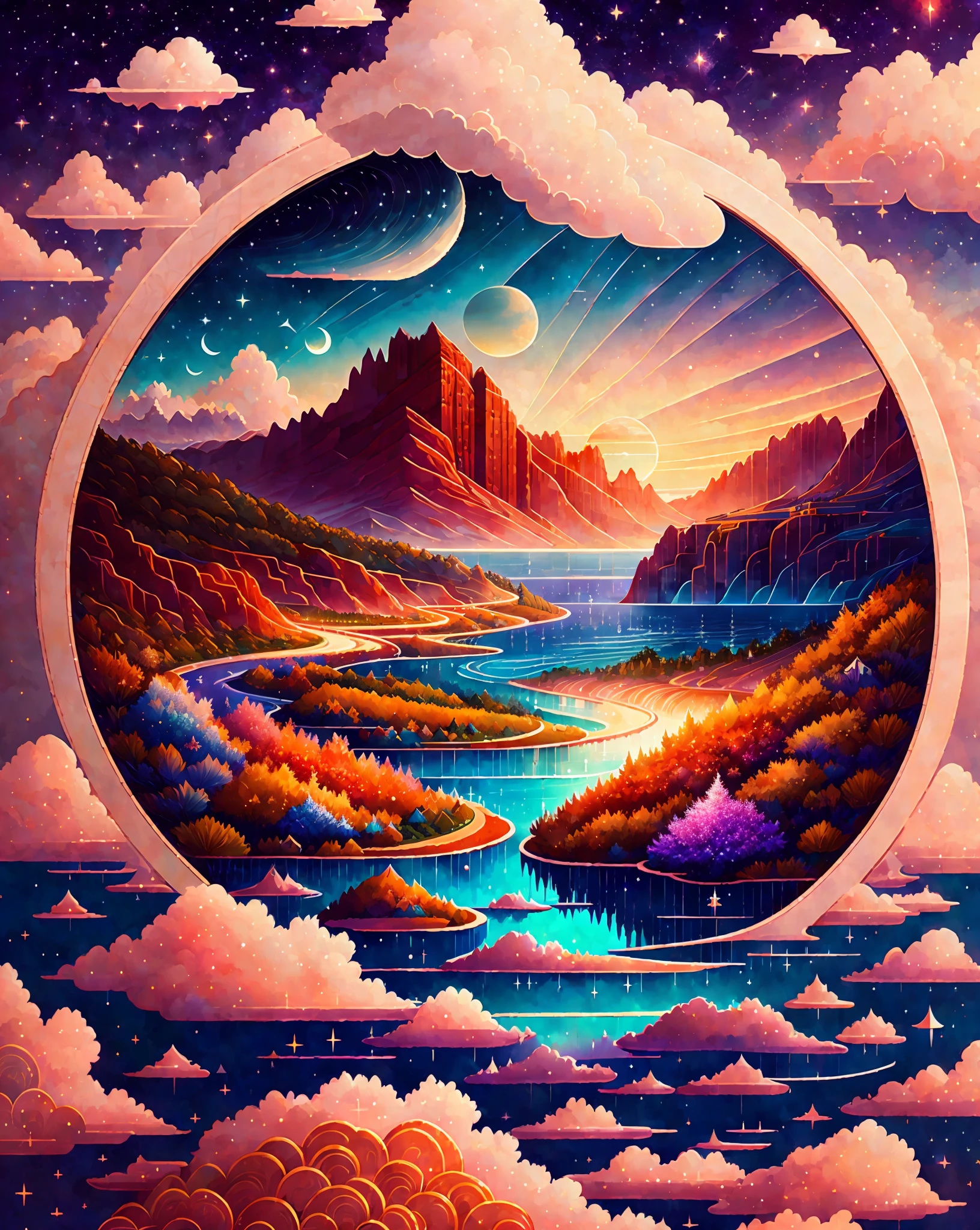 A beautiful land full of water and and clouds, intricate, masterpiece, expert, insanely detailed, 4k, compositing, centered, painted, intricate, volumetric lighting, beautiful, rich deep color masterpiece, sharp focus, ultra detailed, no style by dan mumford and marc simonetti astrophotography vector print