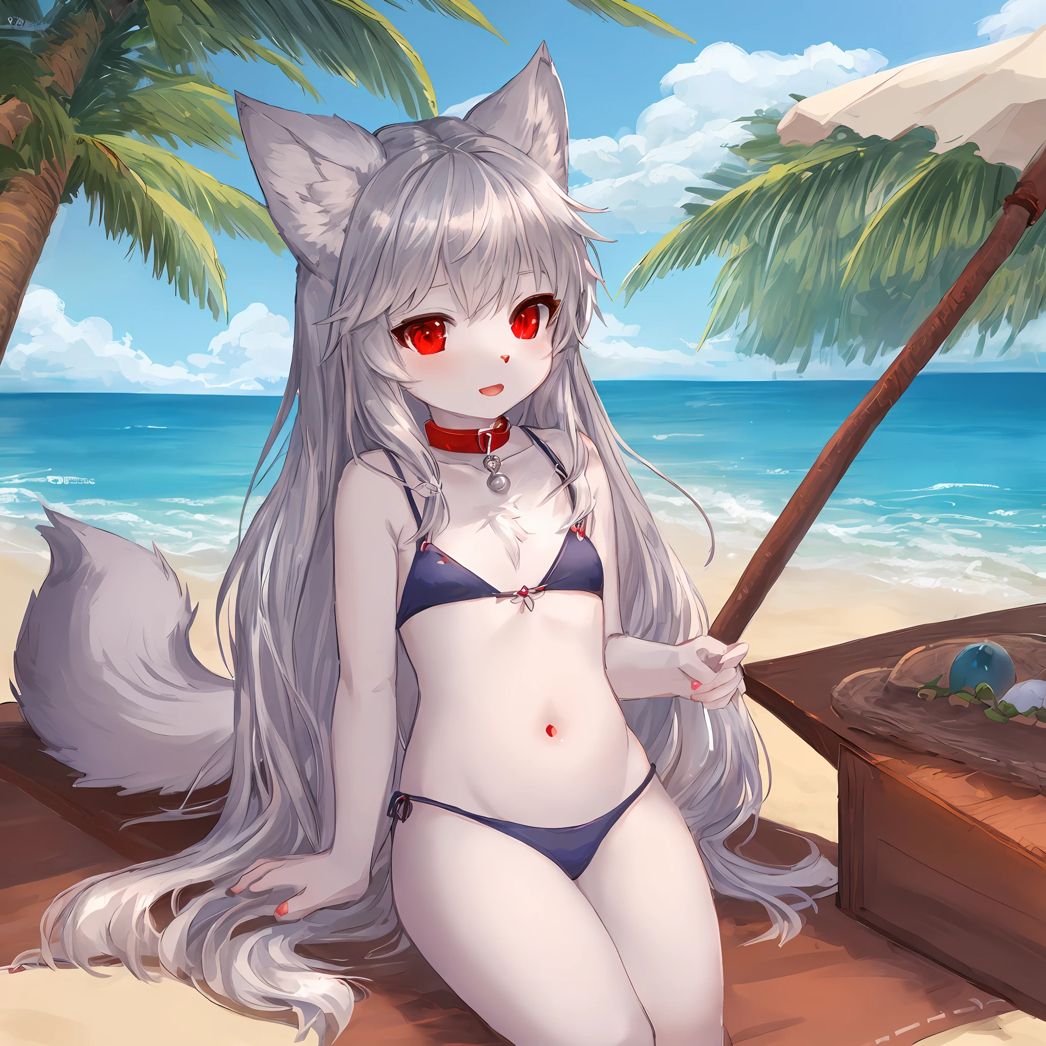 masterpiece, best quality, sfw, a cute wolf girl, female child, silver hair, flat chest, red eyes, wolf ears, wolf tail, collar, beach, blue sky