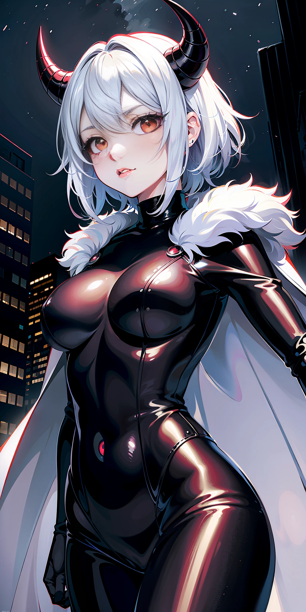 Close-up, Anime Girl, Reality Crack Powerful Aura Ruined City Dark Night 8k 64k HD Absolute Masterpiece Dynamic Lighting Cinematic Epic, Bright Red Eyes, Glowing Eyes, White Hair, Short Hair, 2 Black Head Horns, Fur Cloak, Black bodycon suit