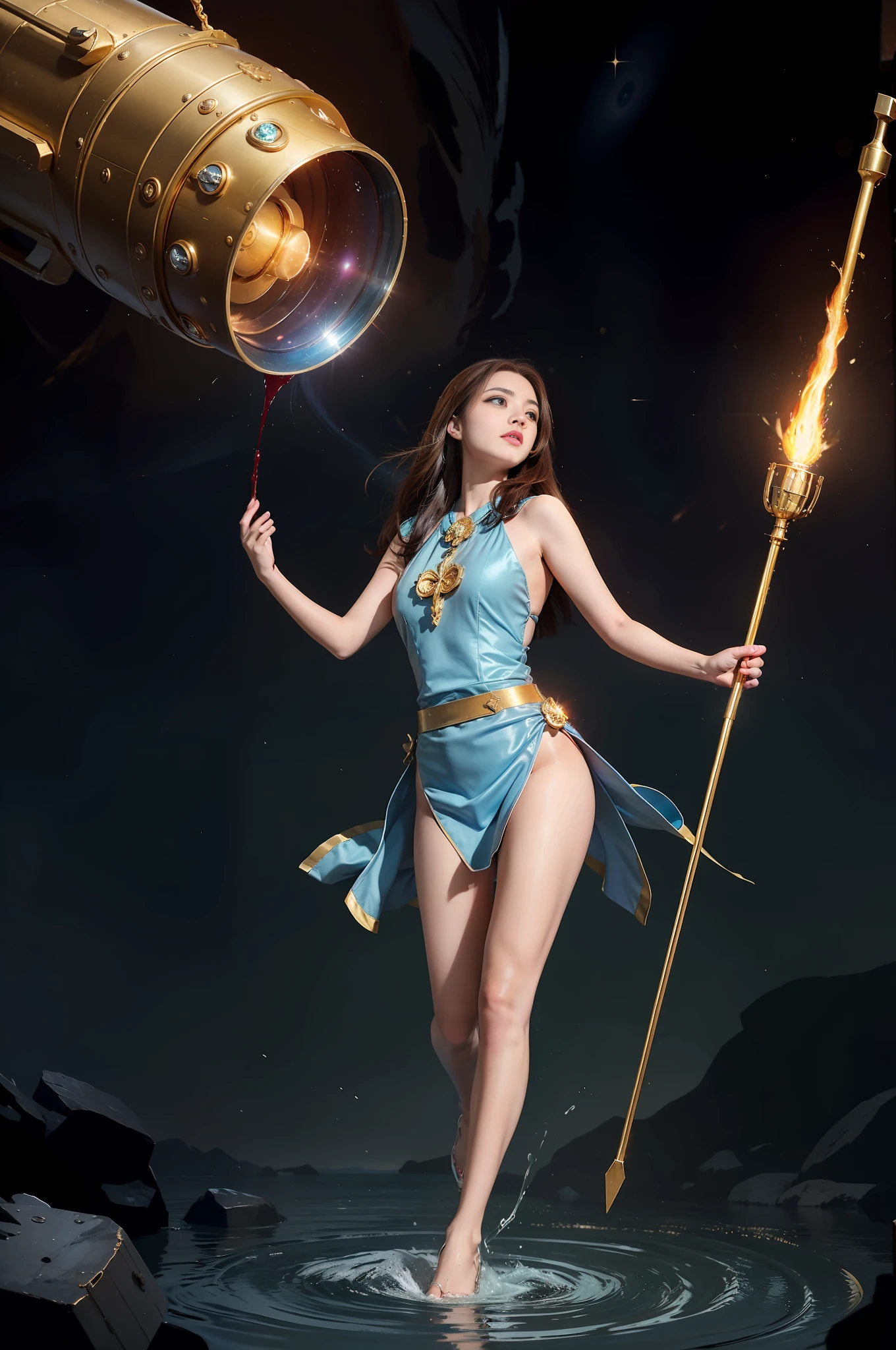 1girl, solo, light blue eyes, brown hair, holding a golden scepter, (blood volume: 1), running in the universe, (huge black hole: 1.2) full body, (official set: 1.5), dullyarts, dust background details, Eye details, ore disease lesions\(Tomorrow&#39;s Ark\), (realism: 1.4), official art, unreal 8k wallpaper, ultra-detailed, beautiful and aesthetic, masterpiece, best quality, (dynamic angle: 1.4), (floating Colorful sparkle: 1.2), elegant, bright colors, romanticism, medium chest, no panties