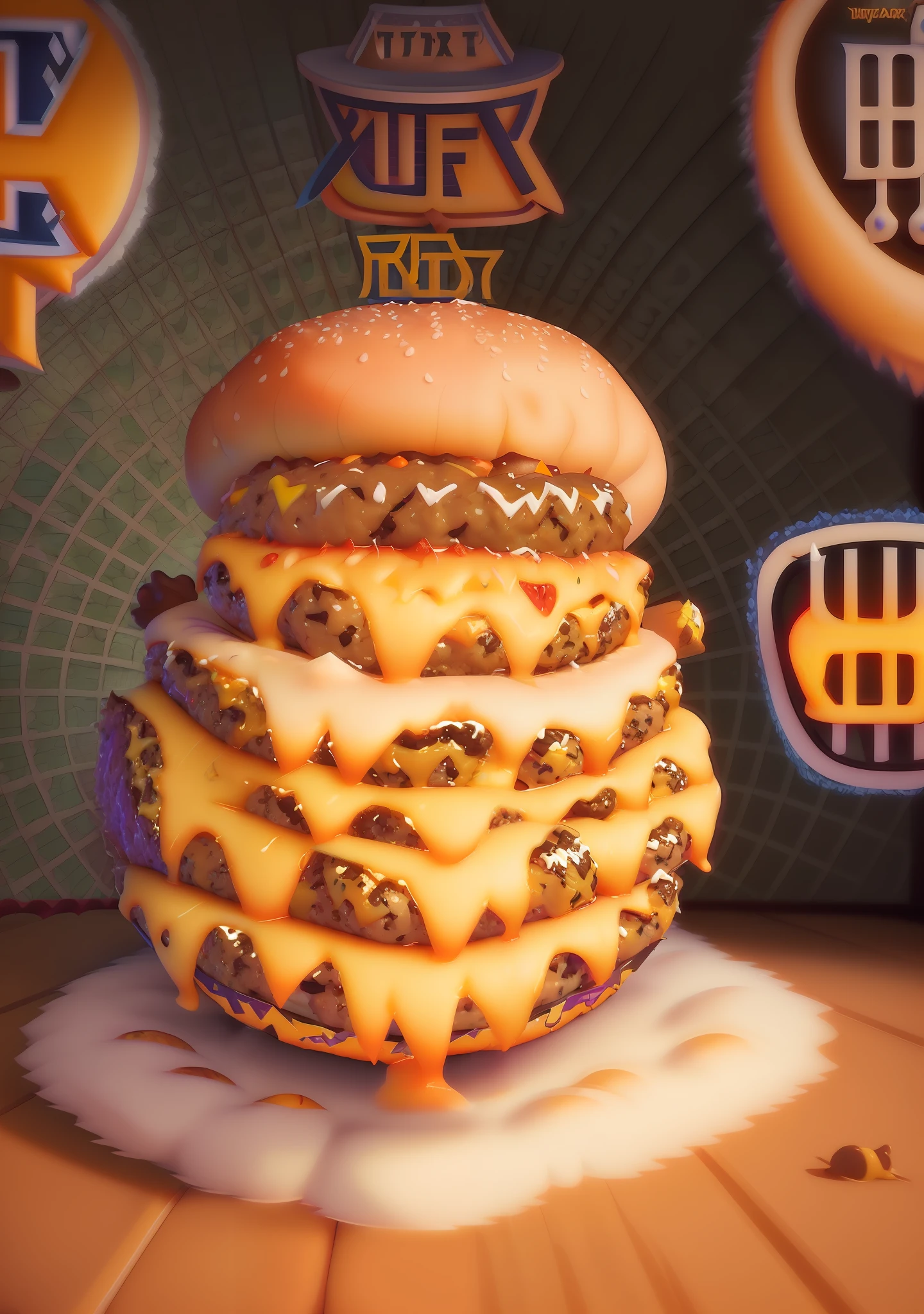 ((best quality)), ((masterpiece)), (detailed), (MOCKUP of juicy fluffy cheeseburger in fun pixar style pose:1.8), foodmade, smash, delicious, Irresistible, golden ratio symmetry, photography centered color studio, vibrant and appetizing colors, mouth-watering details, charming textures, cheerful and inviting atmosphere, against a dark background, comic style, professional color grading, photo studio window lighting, sharp focus, lighting two-tone, advertising, octane, unreal, high resolution pixar style food photography, masterpiece, ultra detailed, highly detailed, high definition, perfect composition, intricate, cute and beautiful, sharp features, pixar style commercial photography , beautiful detailed intricate octane insanderization pixar style artstation trending, award winning photography, sharp details, high resolution, stock photo, all pixar style, (fantasy illustration: 1.3), (high res and sharpness: 1.4)