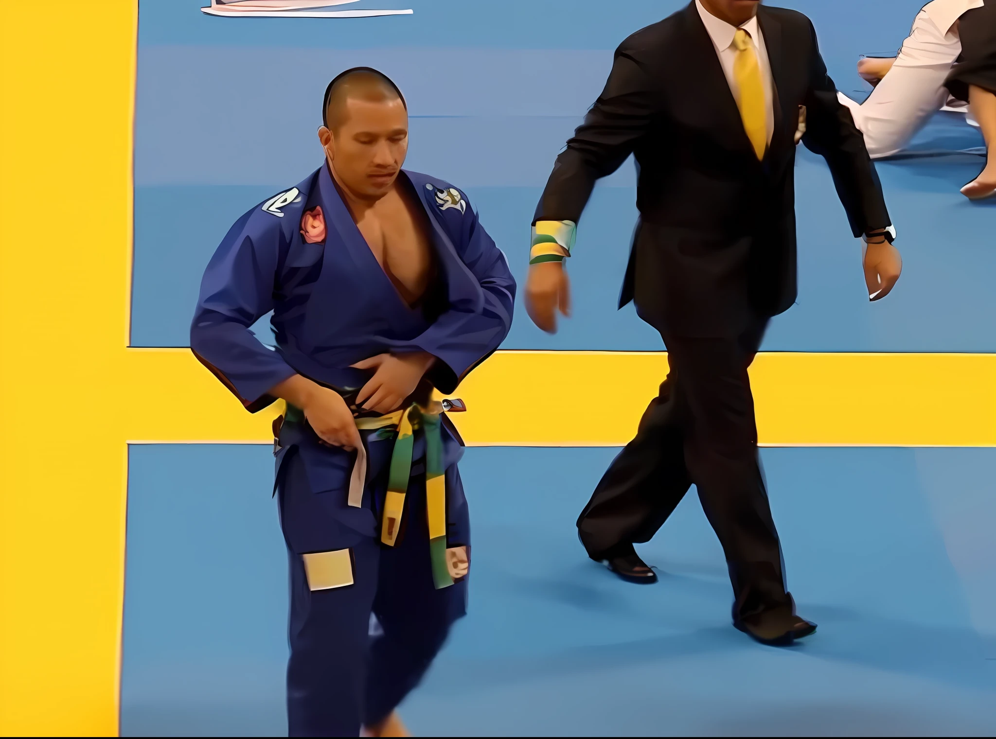 there are two men in suits and one in a blue belt, competition winner, professional masterpiece, wearing a blue kimono