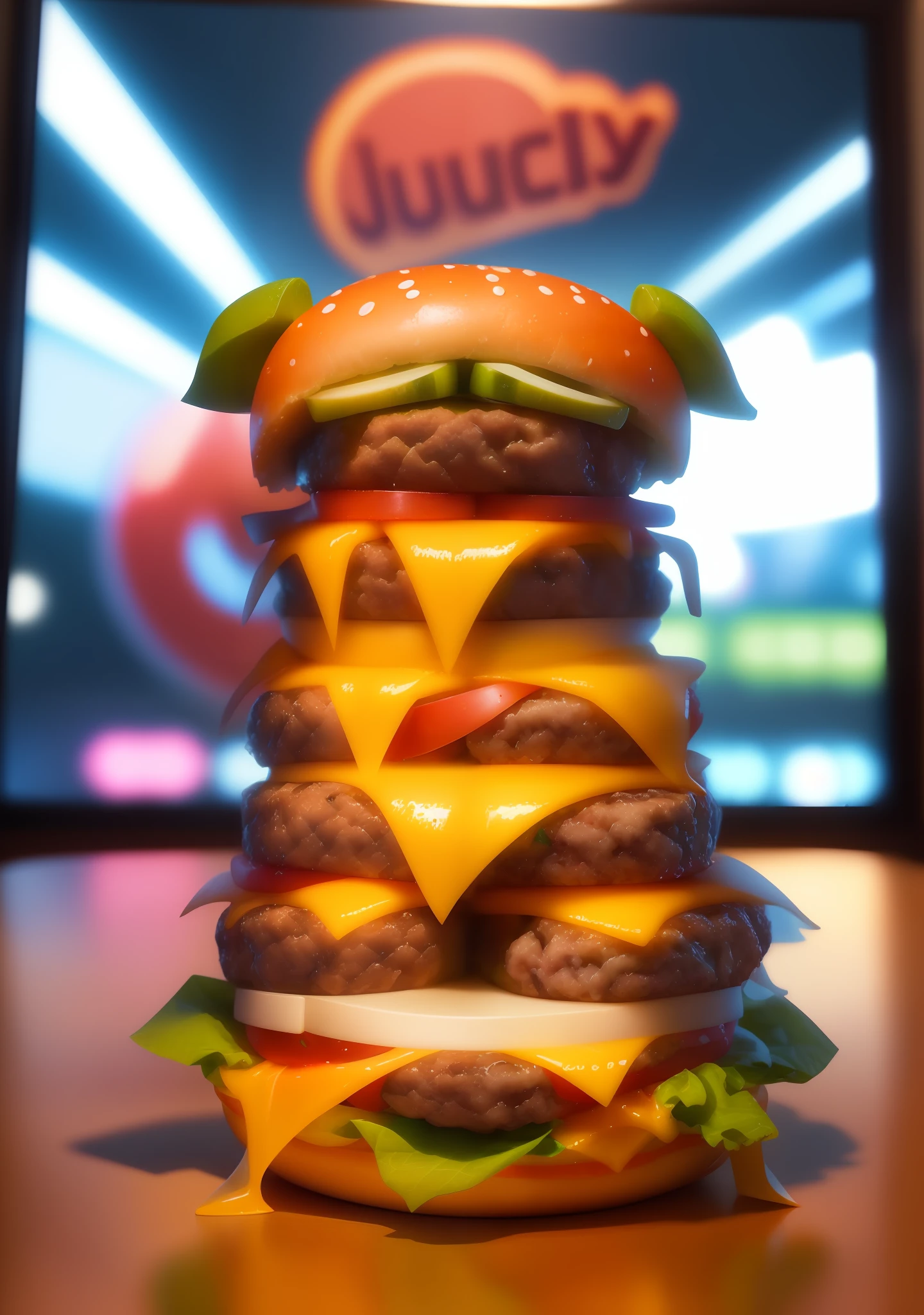 ((best quality)) (detailed)(juicy cheeseburger, vibrant and appetizing colors, mouth-watering details: 1.8) against dark background, professional color grading, centered, window lighting, sharp focus, advertising, octane, unreal, high resolution food photography, masterpiece, ultra detailed, highly detailed, high definition, perfect composition, intricate, cute and beautiful, award winning photography, sharp details, high resolution, all in pixar style, (high resolution and sharp :1.4)