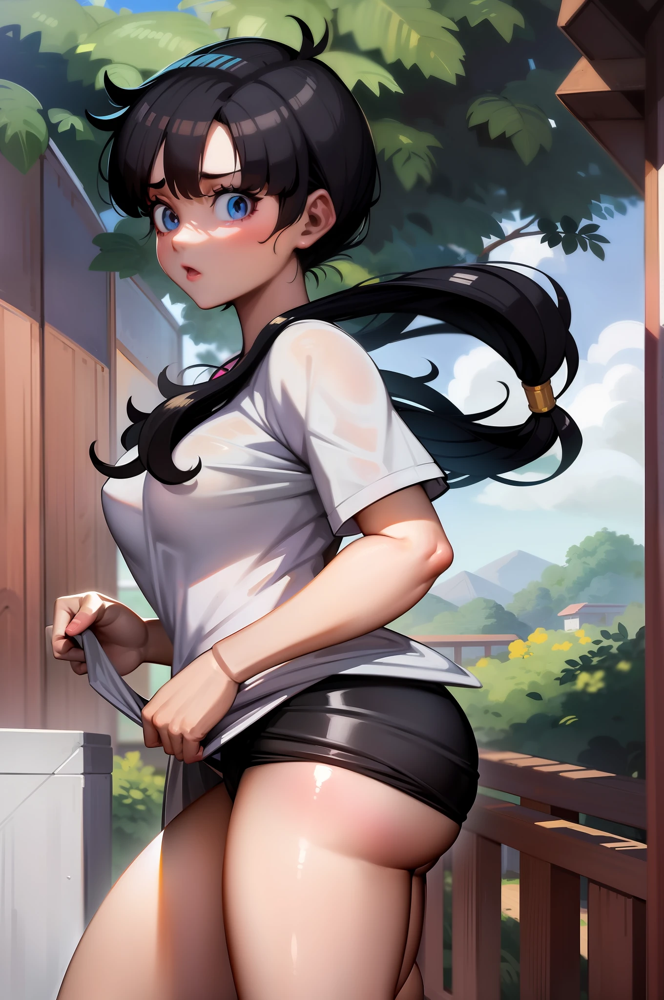 anime girl with black hair and white shirt holding shirt, anime moe artstyle, smooth anime cg art, nagatoro, marin kitagawa fanart, clean detailed anime art, ilya kuvshinov. 4 k, by Jin Homura, seductive anime girl, painted in anime painter studio, mayuri shiina, ilya kuvshinov with long hair overlapping ears, pigtails with gold pins, big 