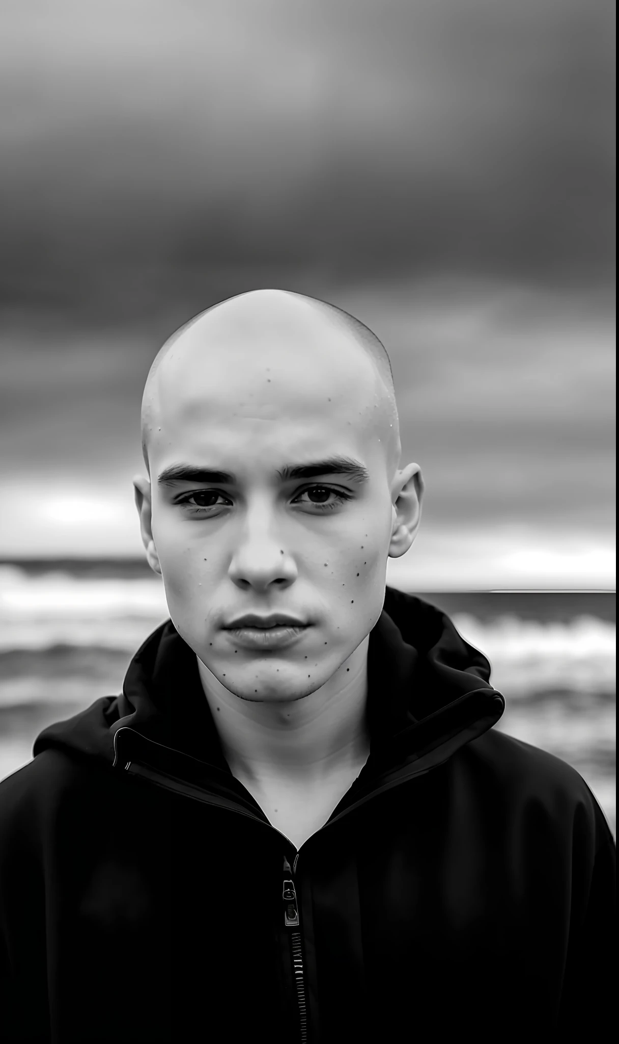 black and white photo of 19 year old male in black clothing, bald head, face, half body, body, highly detailed skin, skin pores, coastline, cloudy weather, wind, waves, 8k uhd, DSLR, soft lighting, high quality, film grain, Fujifilm XT3