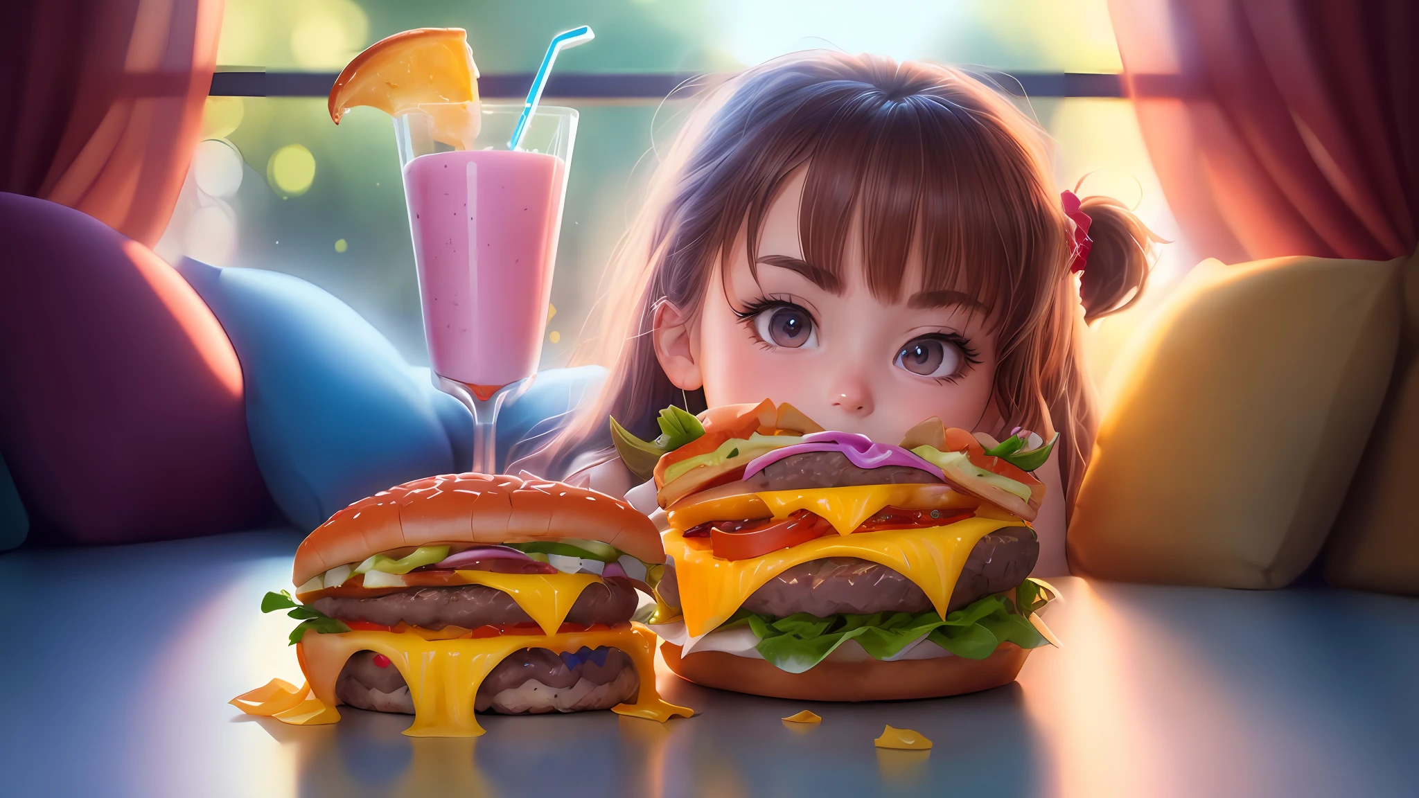((best quality)) (detailed)(juicy cheeseburger, vibrant and appetizing colors, mouth-watering details: 1.8) against dark background, professional color grading, centered, window lighting, sharp focus, advertising, octane, unreal, high resolution food photography, masterpiece, ultra detailed, highly detailed, high definition, perfect composition, intricate, cute and beautiful, award winning photography, sharp details, high resolution, all in pixar style, (high resolution and sharp :1.4)