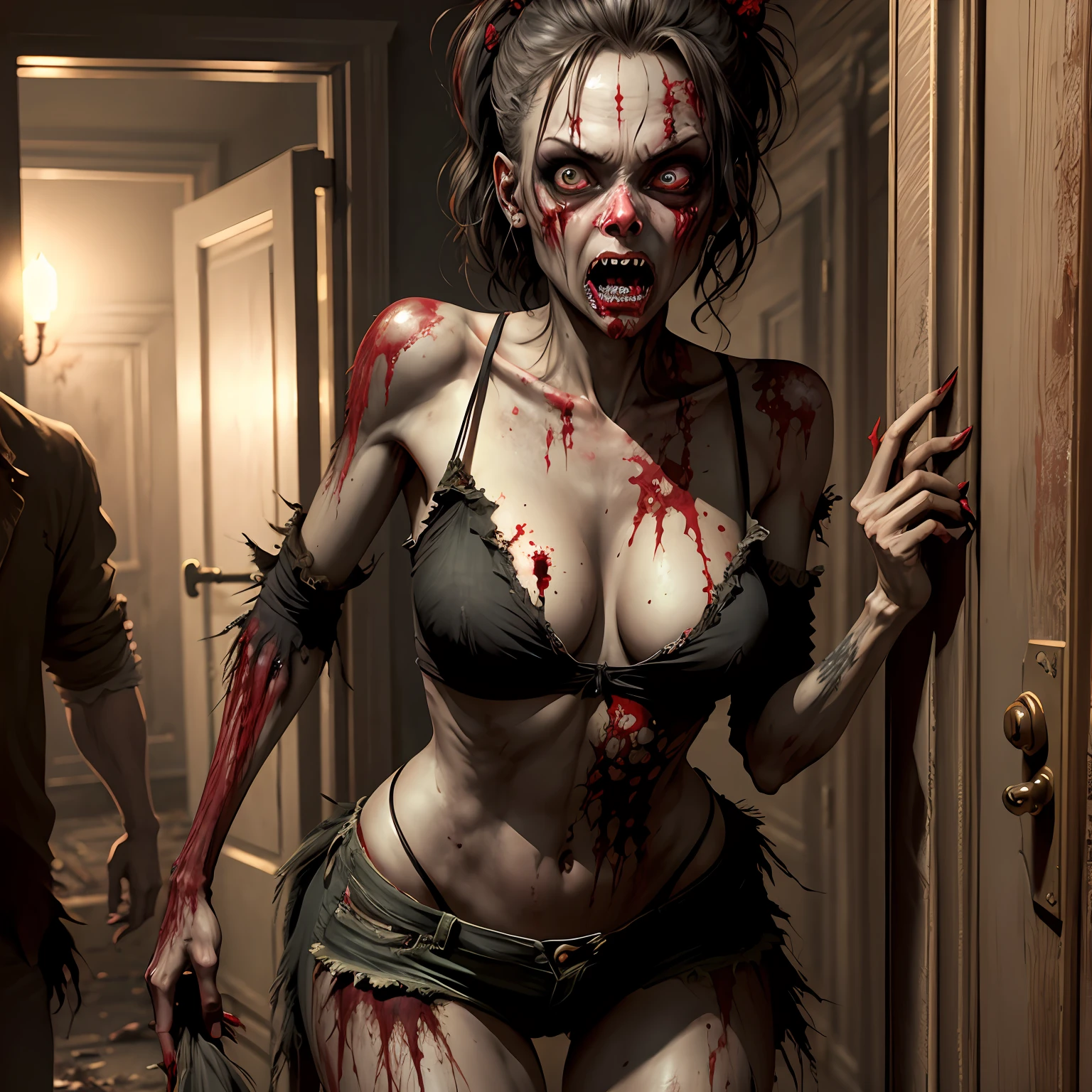 hot zombie girl in a haunted house, realism