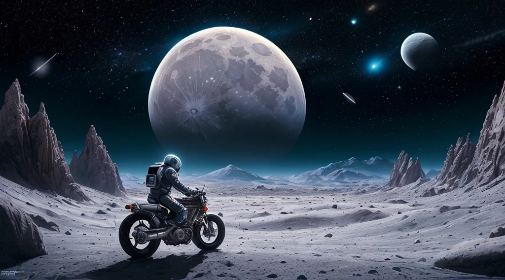 there is a man riding a motorcycle on a snowy surface, riding a horse on the moon, epic road - trip in outer space, inspired by Scott Listfield, lonely rider, drifting in space, on the moon, riding a futuristic motorcycle, sci - fi illustrations, sci-fi illustrations, motorcycle concept art, inspired by Chris Moore, sitting on a moon