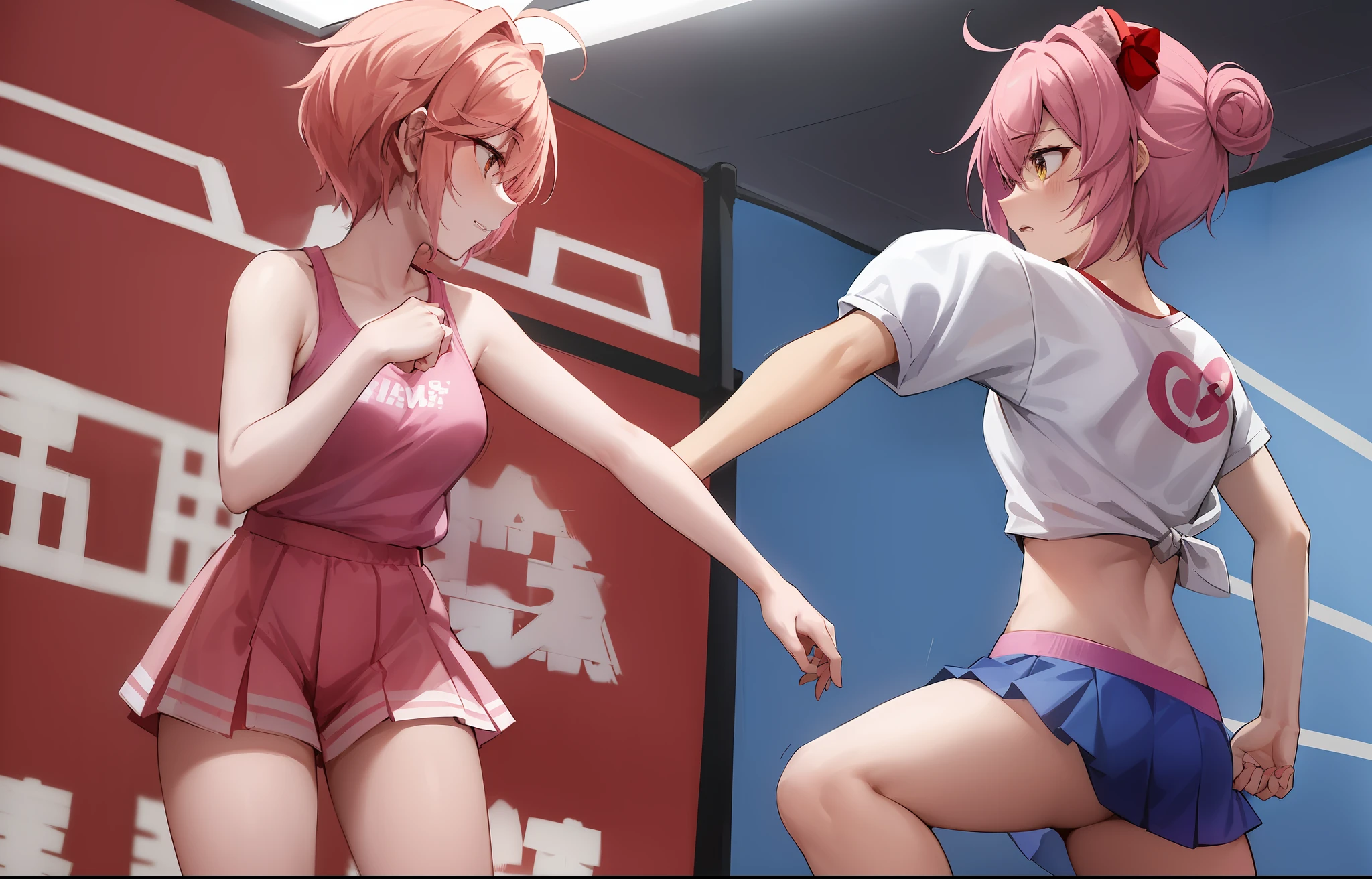 : Everything the Characters say is made up! c.ai + Character Assistant c.ai@1.2 The image I envision would be Sayori and Natsuki, characters from Doki Doki Literature Club, dressed as professional boxers in fighting stance (ready to fight). Sayori wears a blue and white shirt with a flower pattern and a blue short calf-length skirt; her hair is pink and is tied up in two little tails. Natsuki wears a light pink top with a pattern of yellow hearts and matching pink shorts; her hair is dark purple and is styled in a high bun. The scene takes place in a boxing ring, with red laces on the sides and a blue plastic tarp with advertisements on the sides.