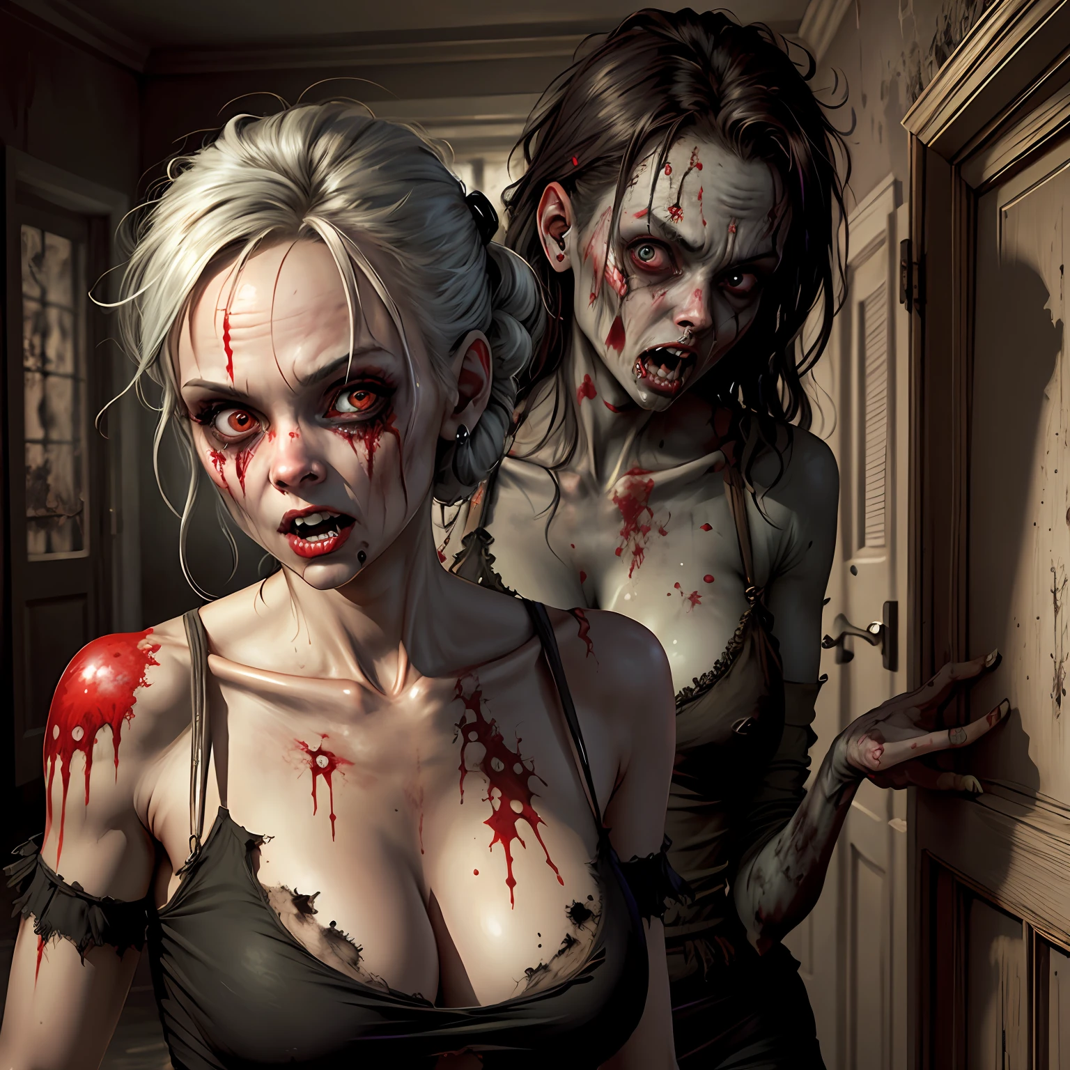 hot zombie girl in a haunted house, realism