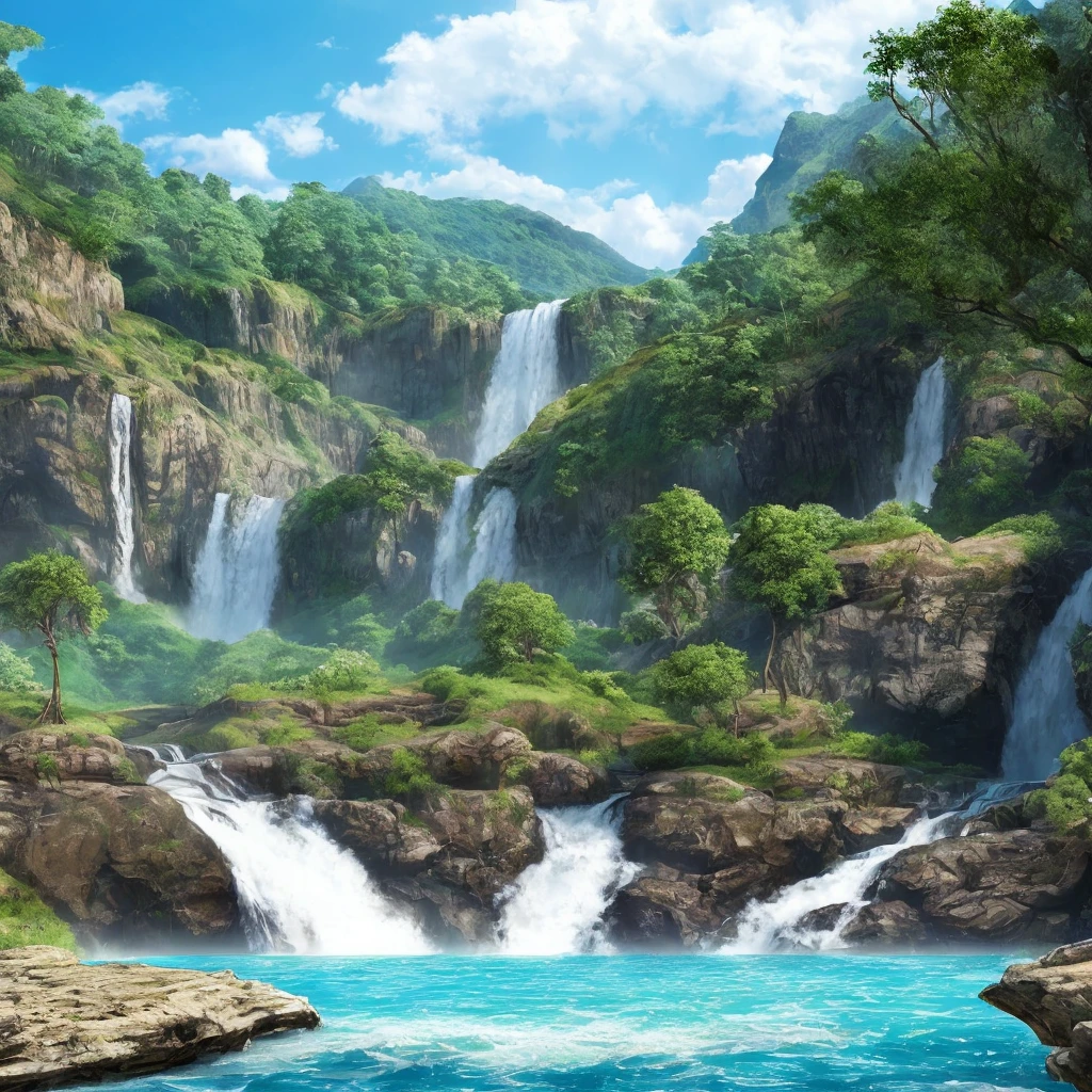 ConceptArt, no humans, scenery, water, sky, day, tree, cloud, waterfall, outdoors, building, nature, river, blue sky