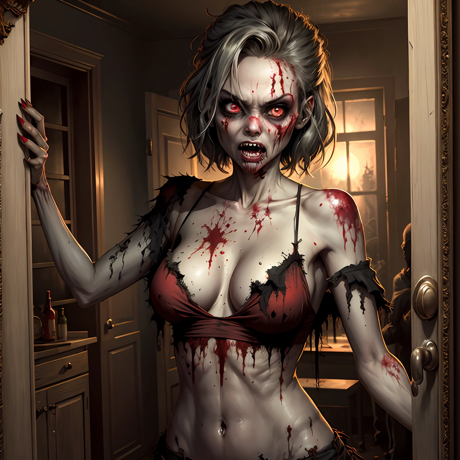 hot zombie girl in a haunted house, realism