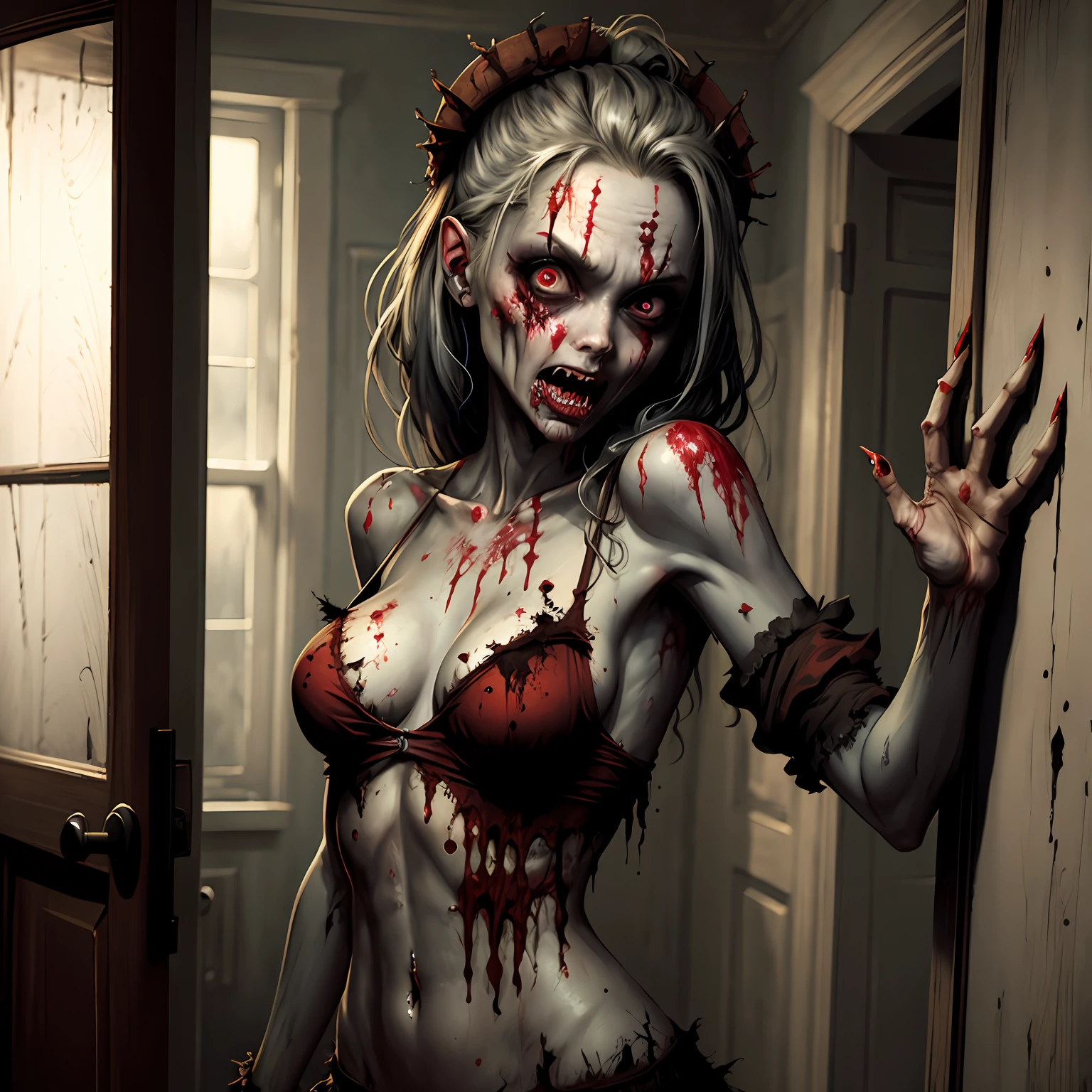 hot zombie girl in a haunted house, realism