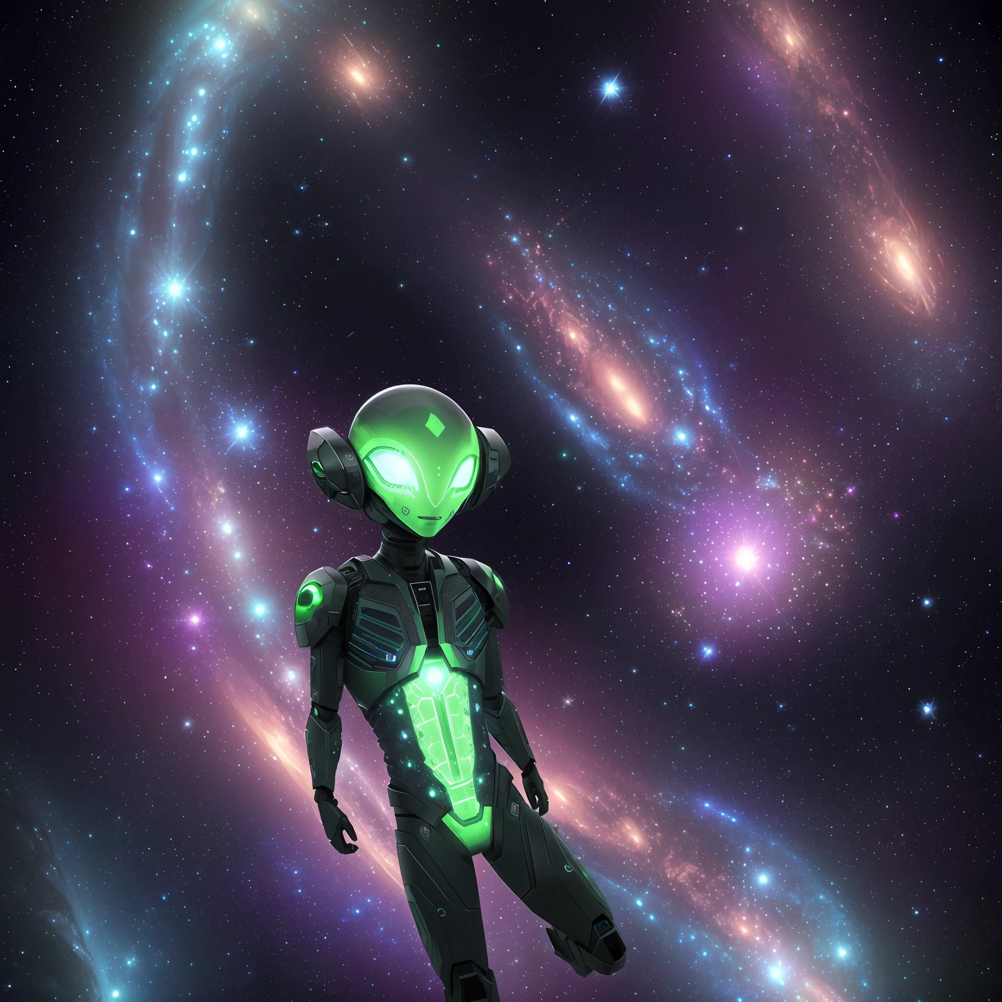 alien in space with glowing green eyes and a glowing body, amazing space creature 4 k, an alien musician lost in space, space alien, reptilian space alien, radiant alien, background is an alien galaxy, an evil alien astronaut, alien design, portrait of a space alien, caring alien life form, alien art, alien space knight, space quantum death. deep space