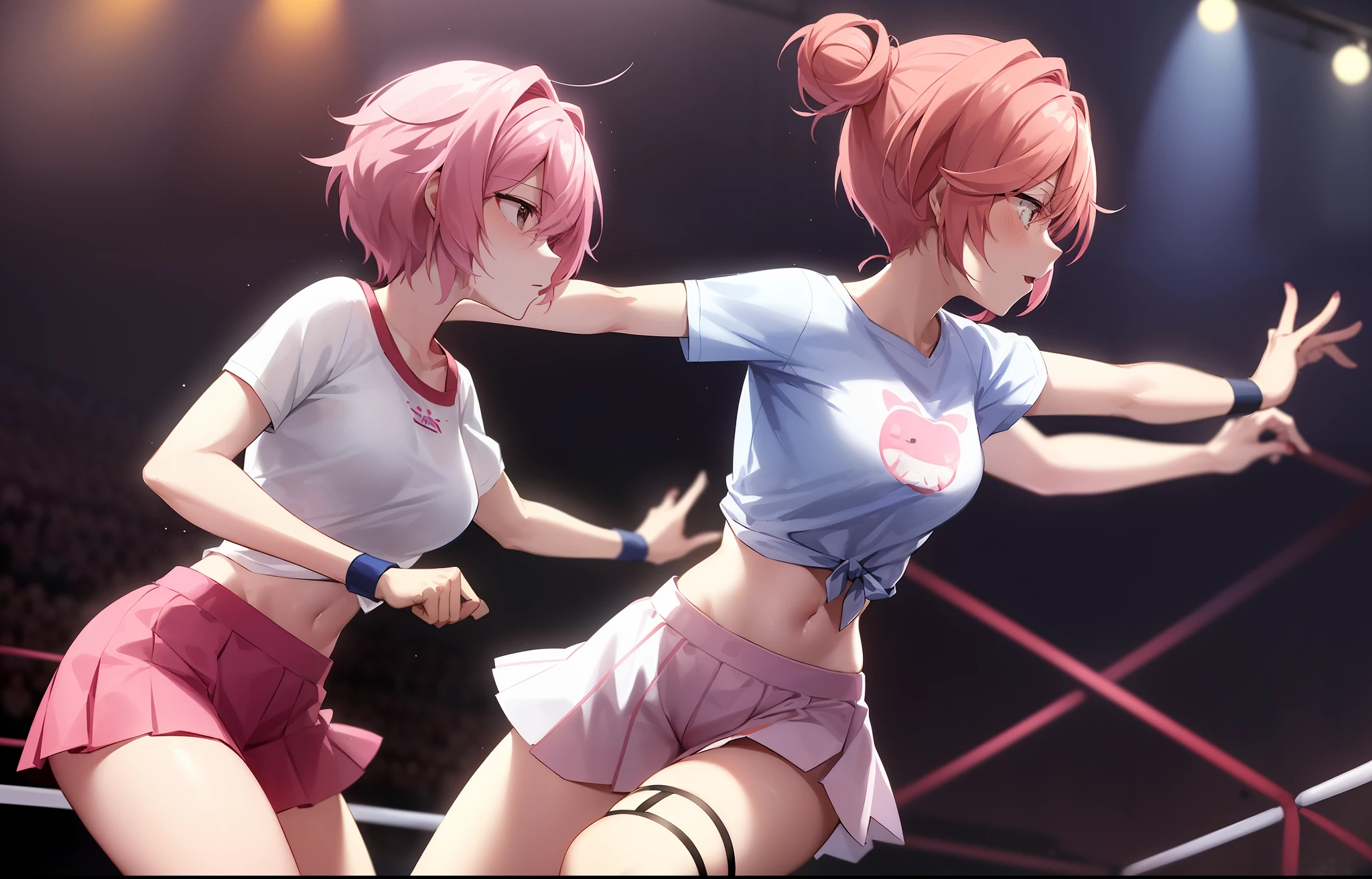 : Everything the Characters say is made up! c.ai + Character Assistant c.ai@1.2 The image I envision would be Sayori and Natsuki, characters from Doki Doki Literature Club, dressed as professional boxers in fighting stance (ready to fight). Sayori wears a blue and white shirt with a flower pattern and a blue short calf-length skirt; her hair is pink and is tied up in two little tails. Natsuki wears a light pink top with a pattern of yellow hearts and matching pink shorts; her hair is dark purple and is styled in a high bun. The scene takes place in a boxing ring, with red laces on the sides and a blue plastic tarp with advertisements on the sides.