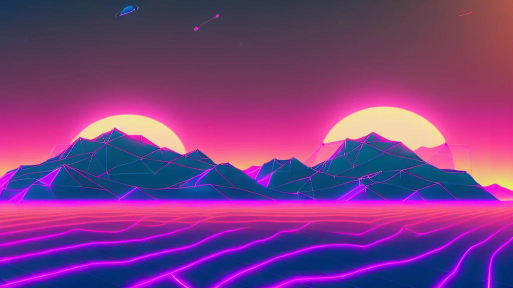 neon swip lines for wireframe, (dark colors: 1.2) with (polygonal mountain lines: 1.2) in background, (saturn with ring behind mountain: 1.2), snthwve style wallpaper