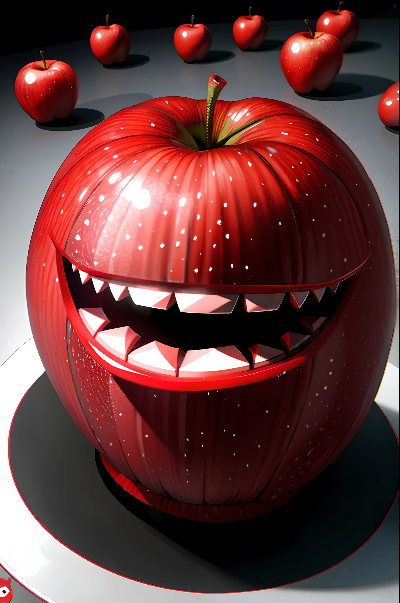 one red apple, 3d animation, evil grin, fa, illustrative animation style, supercomputers text for images, twitch emote, disgusted. fear inspiring humor, watermark:-1, apple trees, cheerful, virus, cartoon, lemon demon, mascot