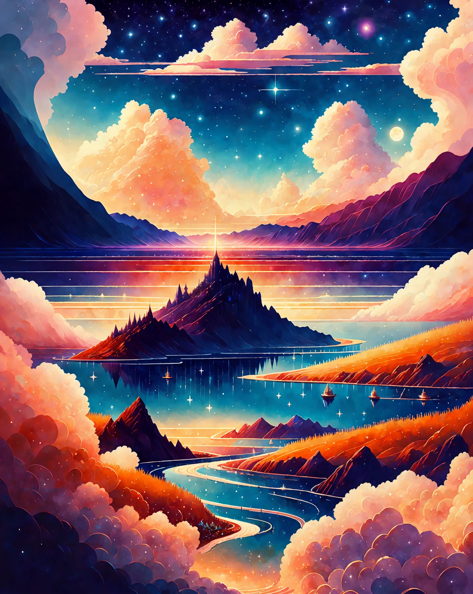 A beautiful land full of water and and clouds, astrophotography, masterpiece, expert, insanely detailed, 4k, composition, painted, intricate, volumetric lighting, beautiful, rich deep color masterpiece, sharp focus, ultra detailed, in the style of marc simonetti, astrophotography, vector, print
