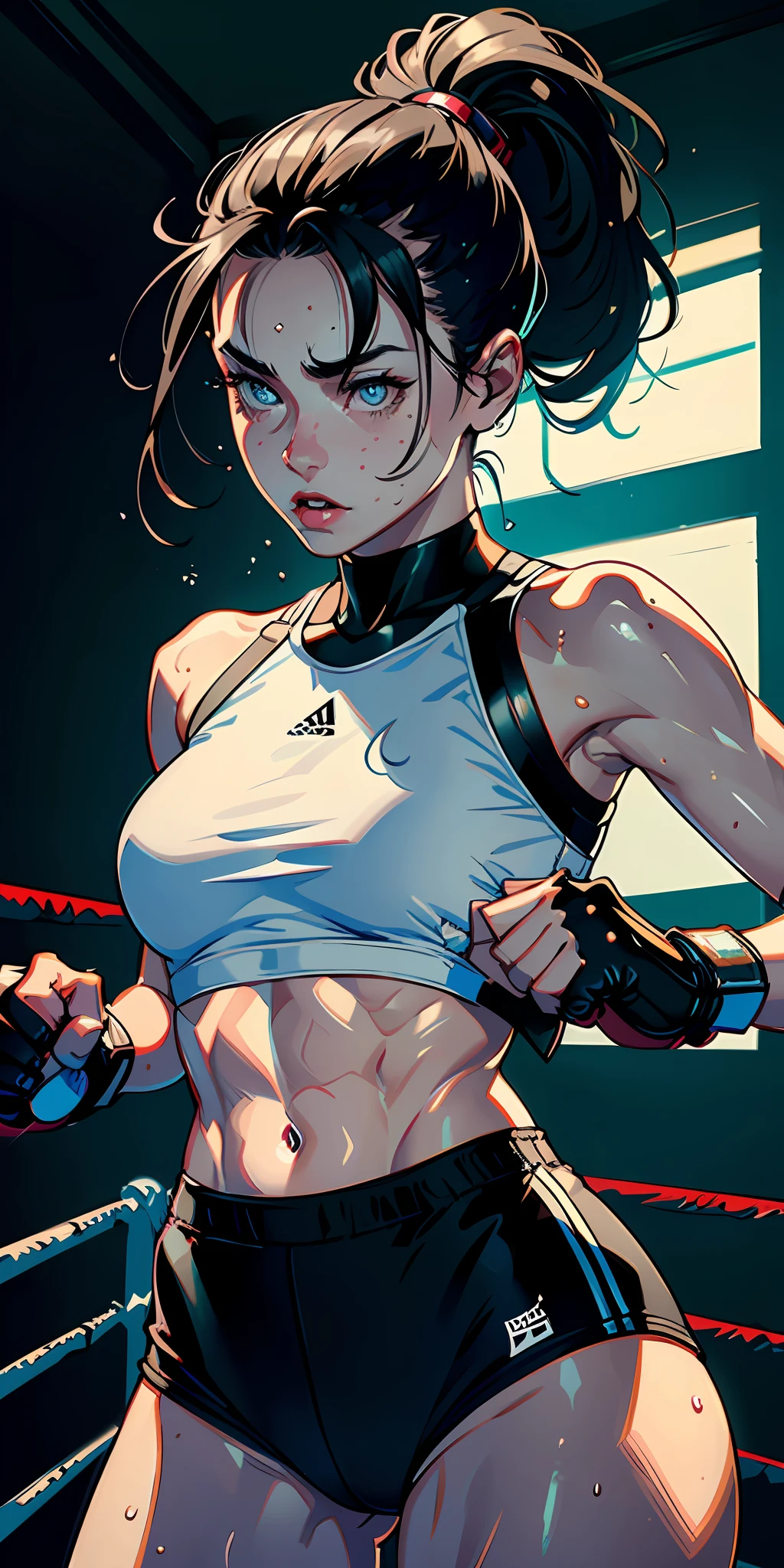 (original) , (very detailed wallpaper) , (best quality) , (masterpiece) , photographic reality, realistic, very detailed illustrations, (1 girl) , beautiful eyes, (delicate face) , perfect detail, (best lighting) , (super complex details) , 
 (boxing girl) , (aggressive punching) , sweat, heavy breathing, (oppressive attack) , (boxing ring) , athletic shorts, perfect detail, perfect fingers, perfect limbs, impact, (shiny skin) , abs, muscles, waistline,boxing shorts, fist fight, black hair, high ponytail, very long hair, 
4K unified, (super detailed CG: 1.2) , (8K: 1.2) , realistic, octane rendering