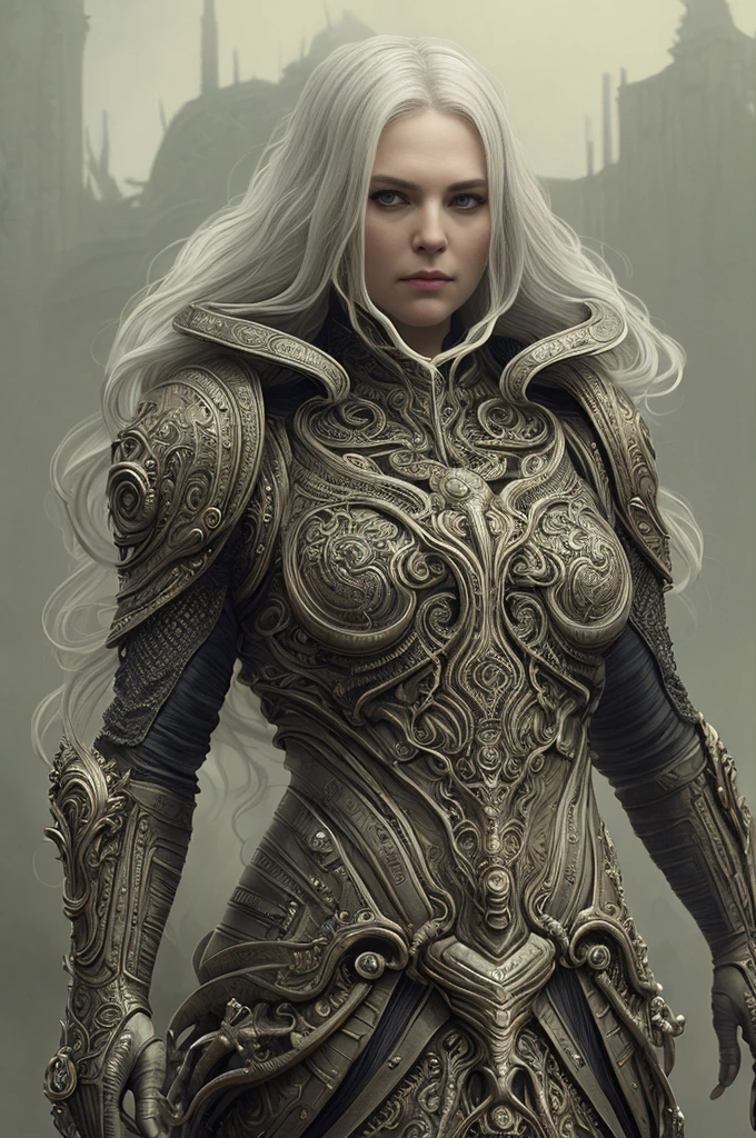 portrait, beautiful woman, white hair, ornate dress, (long hair in waves like smoke):0.85 , confident expression, detailed, 16k, sf, intricate artwork masterpiece, ominous, matte painting movie poster, golden ratio, trending on cgsociety, intricate, epic, trending on artstation, by artgerm, h. r. giger and beksinski, highly detailed, vibrant, production cinematic character render, ultra high quality model:1